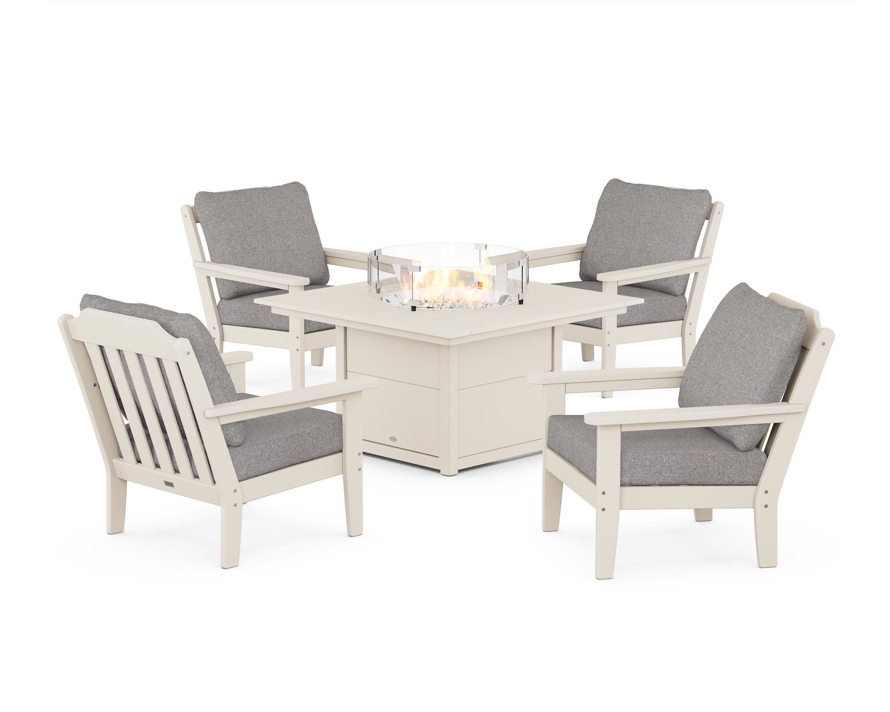 Cottage 5-Piece Deep Seating Set with Fire Pit Table in Sand / Grey Mist
