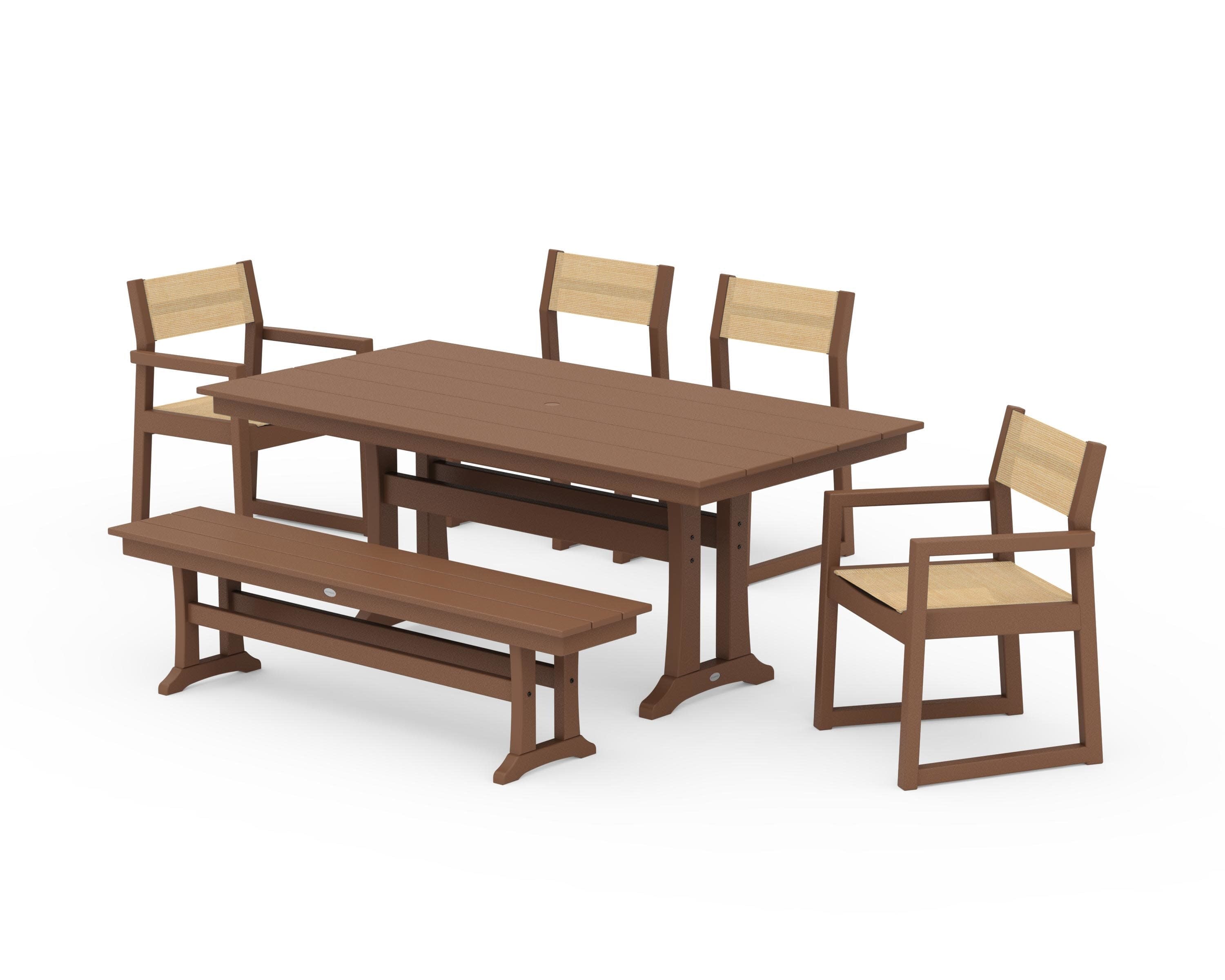 EDGE Sling 6-Piece Farmhouse Dining Set With Trestle Legs in Teak / Dupioni Apricot Sling