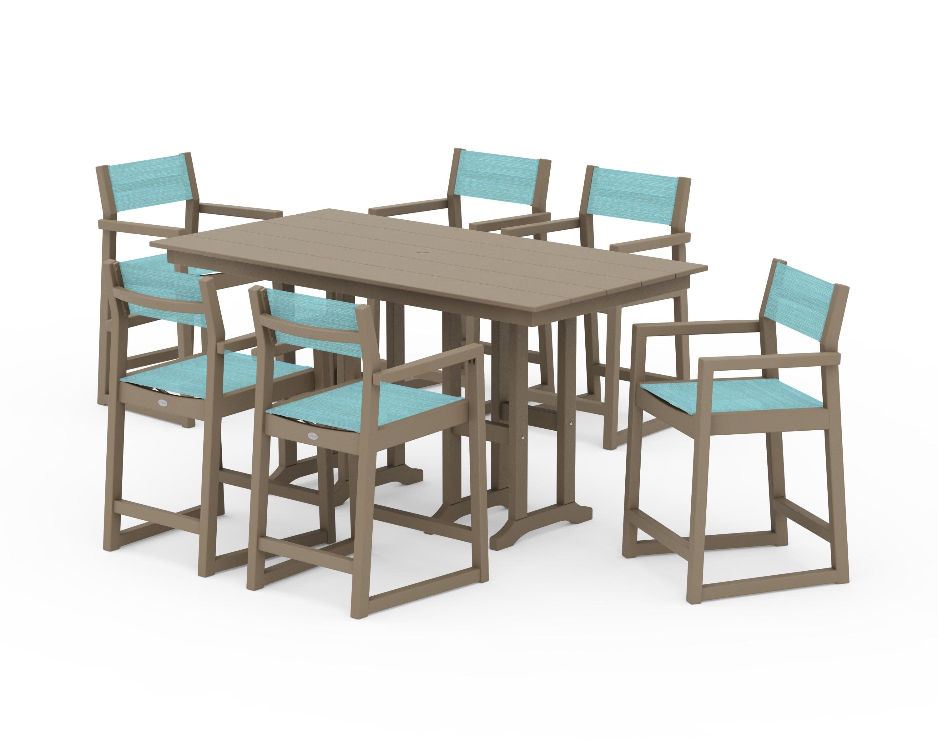 EDGE Sling Arm Chair 7-Piece Farmhouse Counter Set in Vintage Sahara / Dupioni Aquamarine Sling