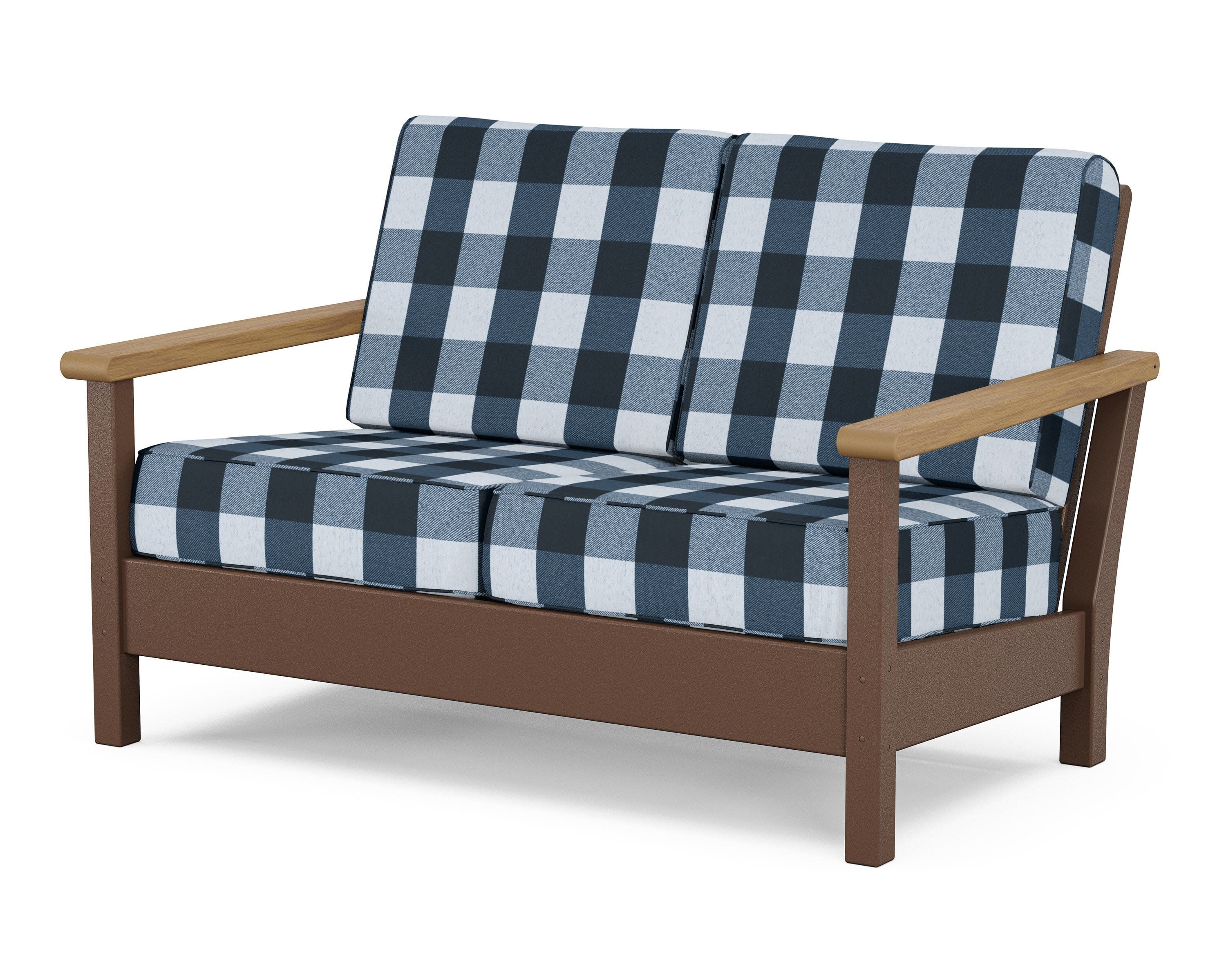 Harbour Deep Seating Loveseat in Mahogany / Natural / Buffalo Plaid Marine Indigo