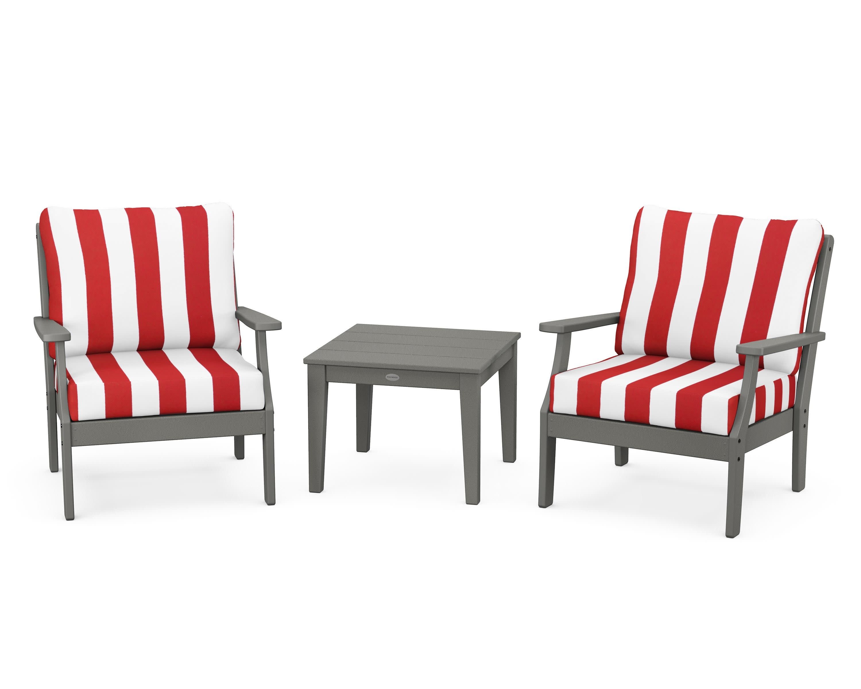 Braxton 3-Piece Deep Seating Set in Slate Grey / Cabana Stripe Crimson