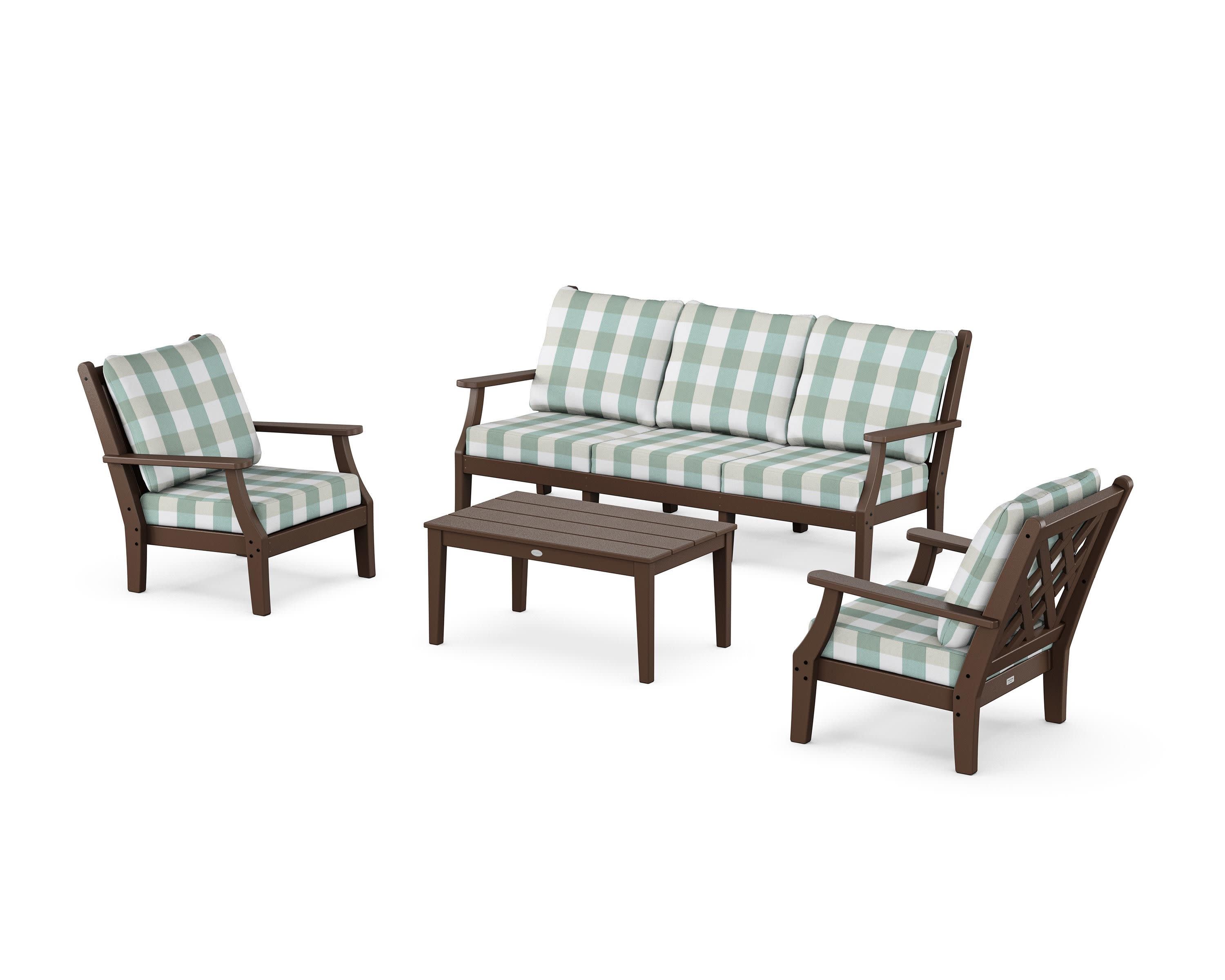 Wovendale 4-Piece Deep Seating Set with Sofa in Mahogany / Buffalo Plaid Glacier Spa