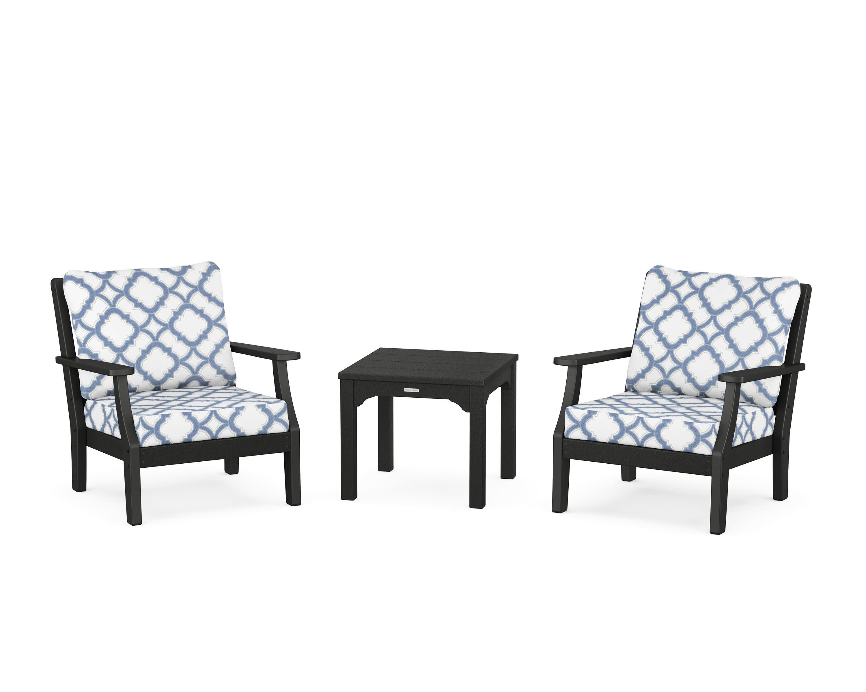 Chinoiserie 3-Piece Deep Seating Set in Black / Trellis Sky Blue