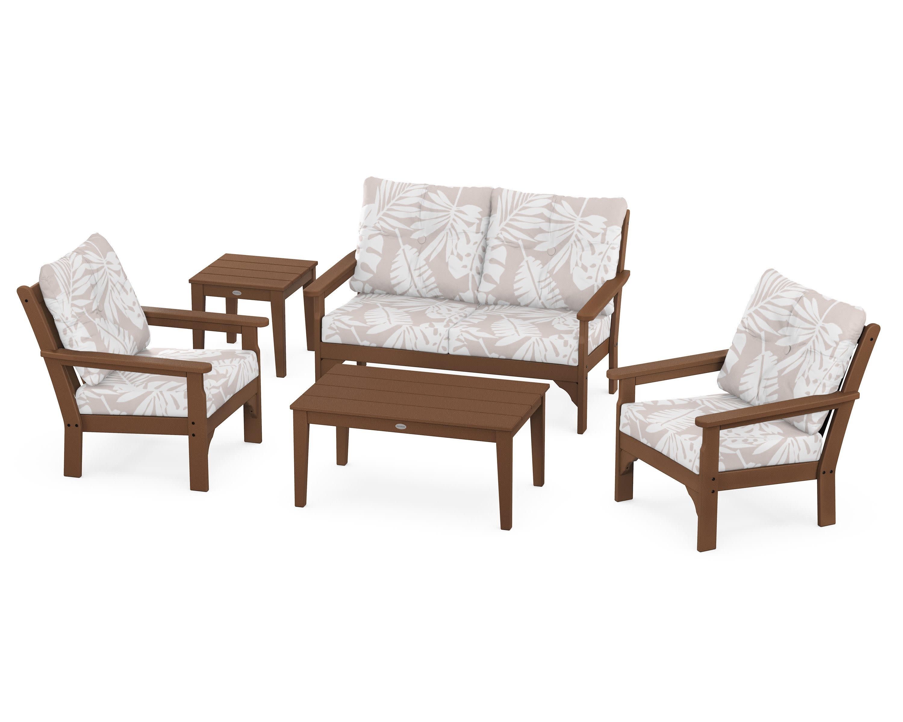Vineyard 5-Piece Deep Seating Set in Teak / Leaf Dune Burlap