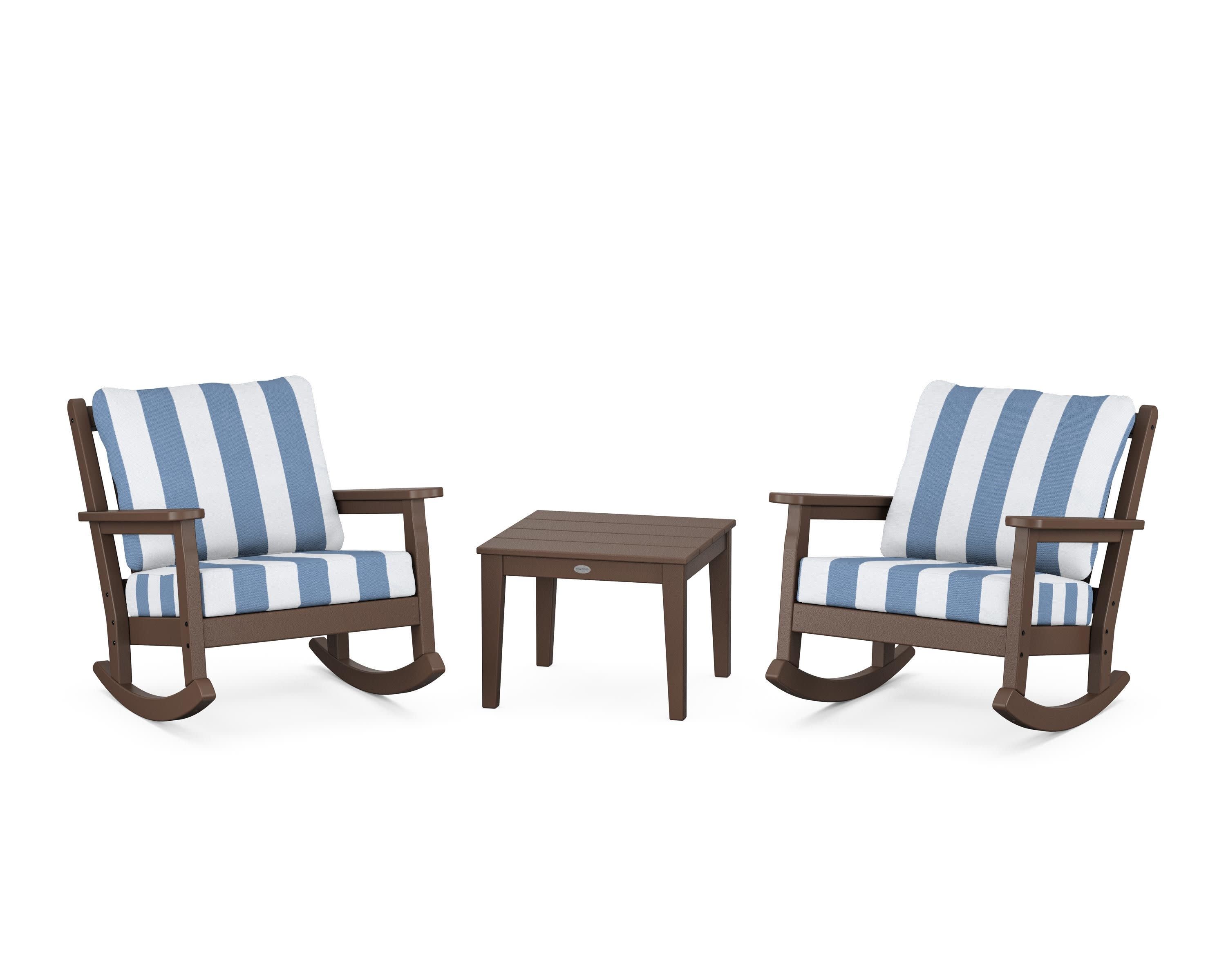 Chippendale 3-Piece Deep Seating Rocker Set in Mahogany / Cabana Stripe Sky Blue