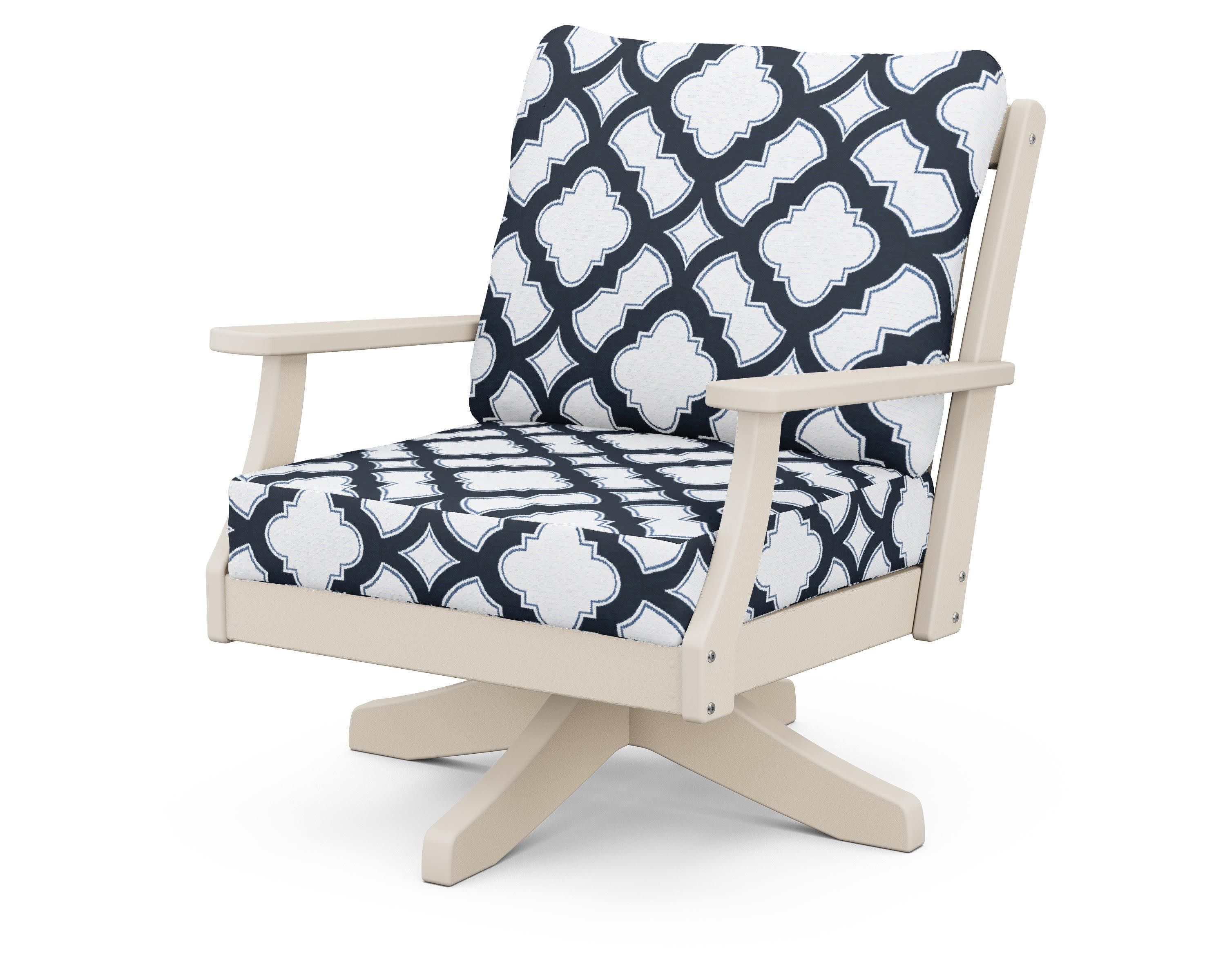 Braxton Deep Seating Swivel Chair in Sand / Trellis Marine Indigo