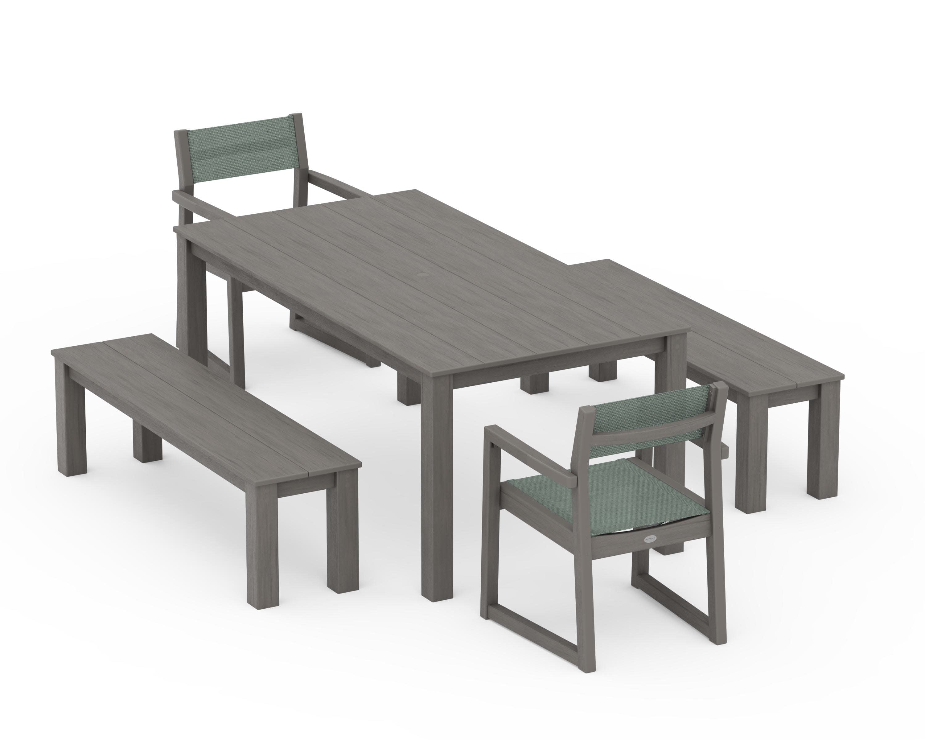 EDGE Sling Arm Chair 5-Piece Parsons Dining Set with Benches in Driftwood / Dupioni Sea Mist Sling