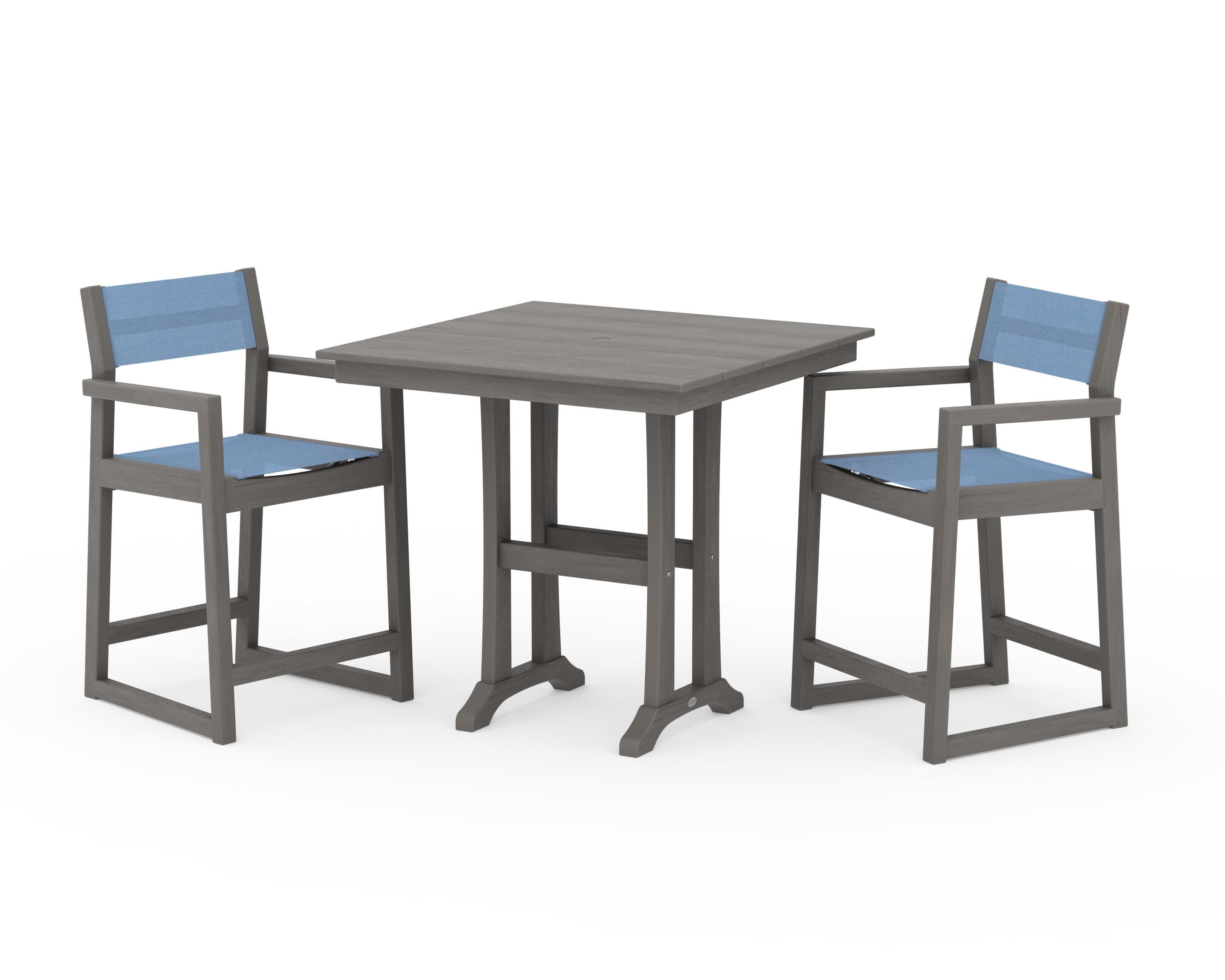EDGE Sling Arm Chair 3-Piece Farmhouse Counter Set with Trestle Legs in Driftwood / Poolside Sling