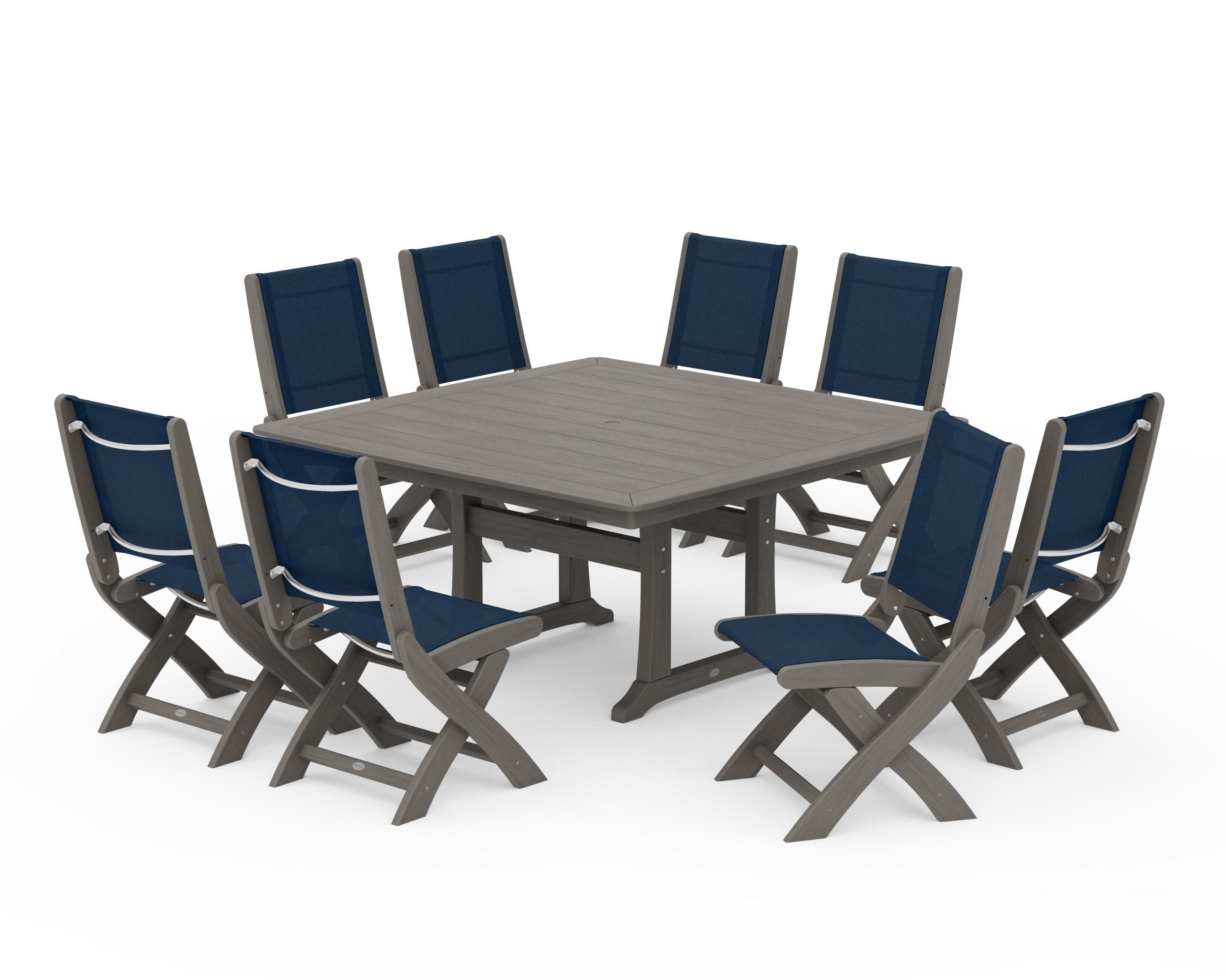 Coastal Folding Side Chair 9-Piece Dining Set with Trestle Legs in Driftwood / Navy Blue Sling