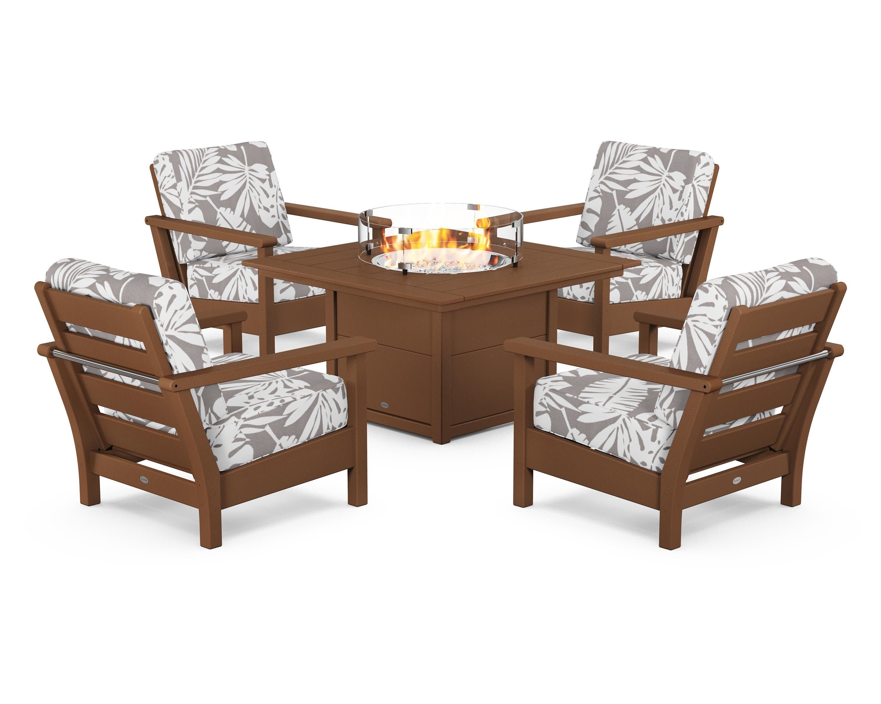 Harbour 5-Piece Conversation Set with Fire Pit Table in Teak / Leaf Grey Mist