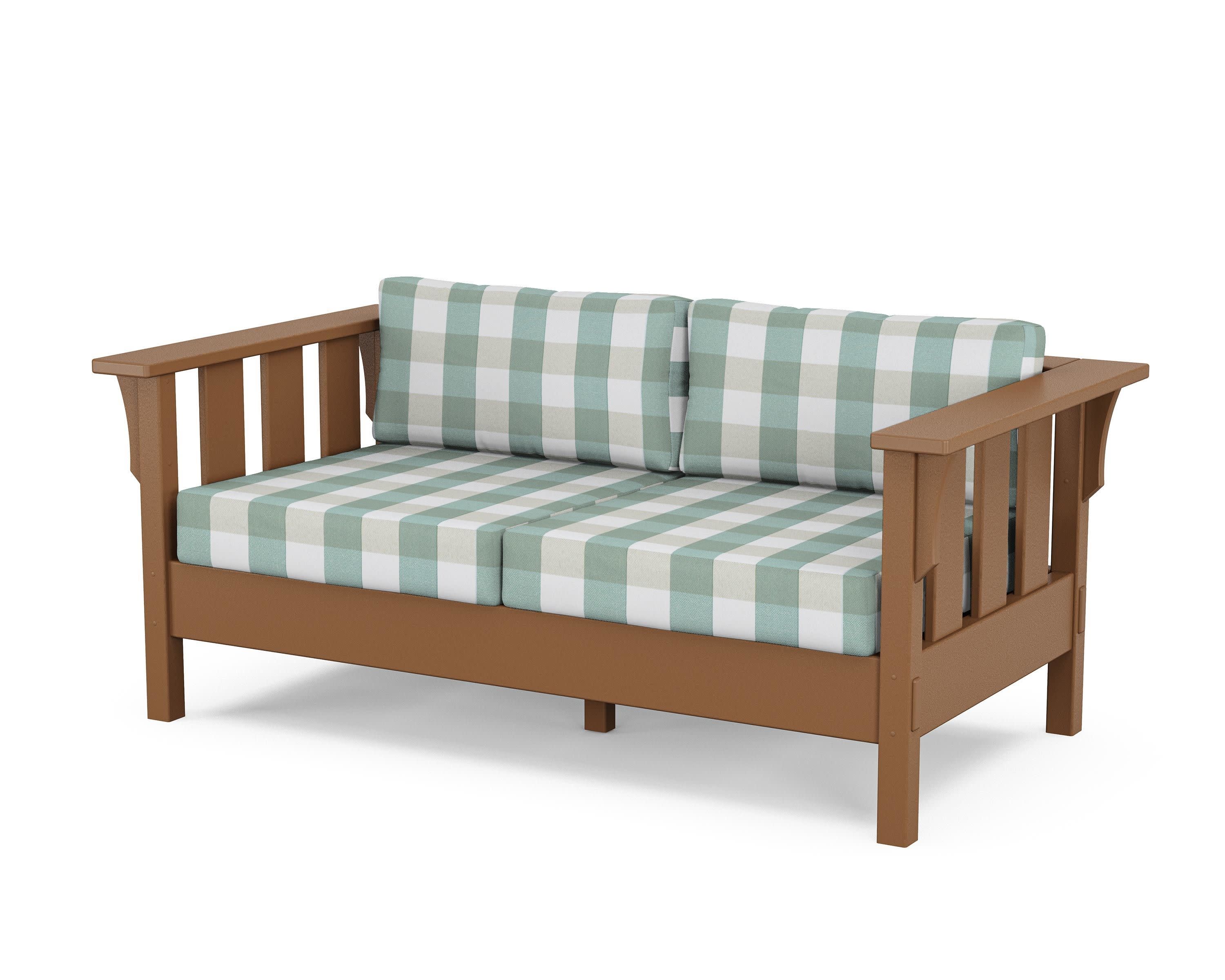 Acadia Deep Seating Loveseat in Teak / Buffalo Plaid Glacier Spa