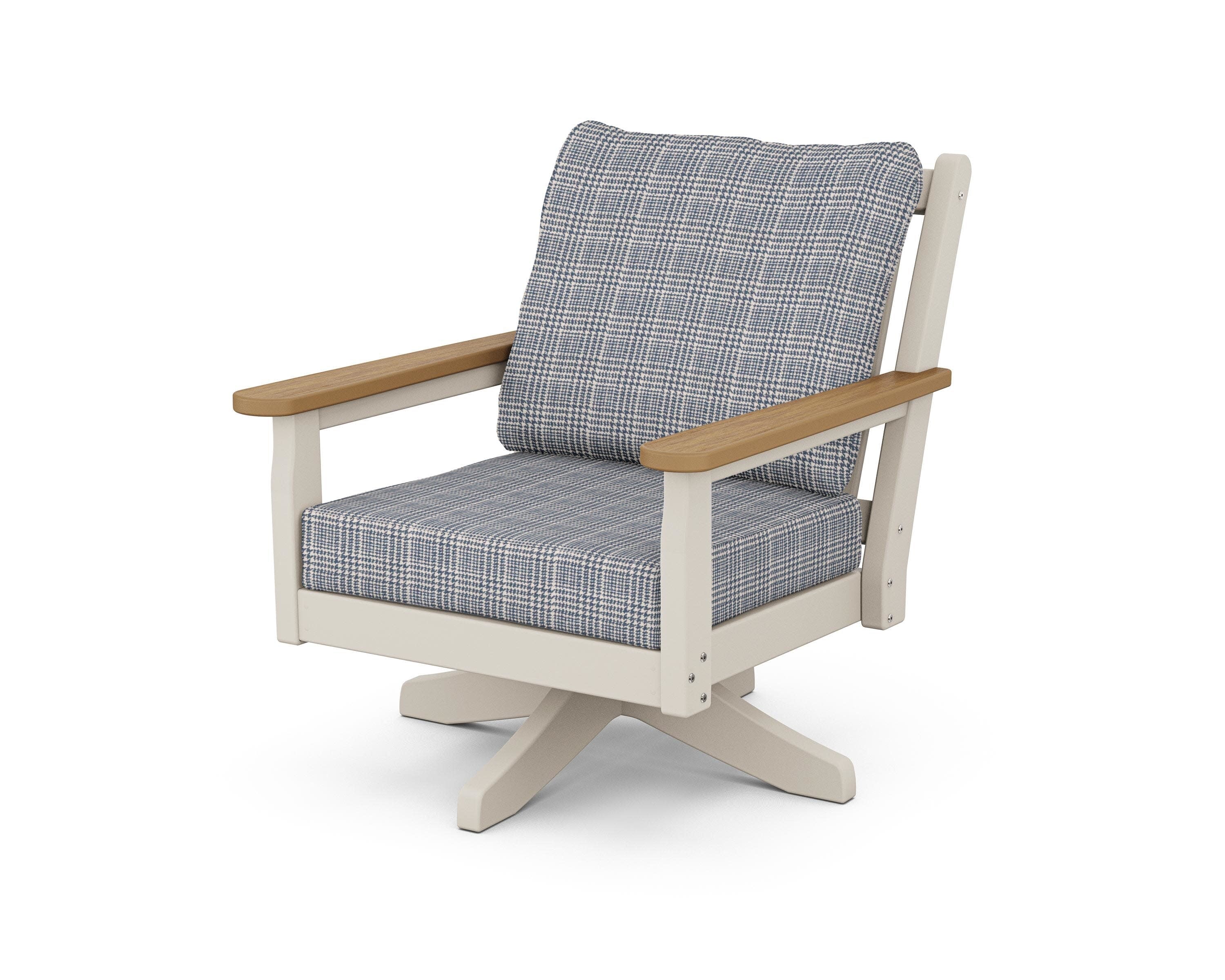 Chippendale Deep Seating Swivel Chair in Sand / Natural / Houndstooth Sky Blue