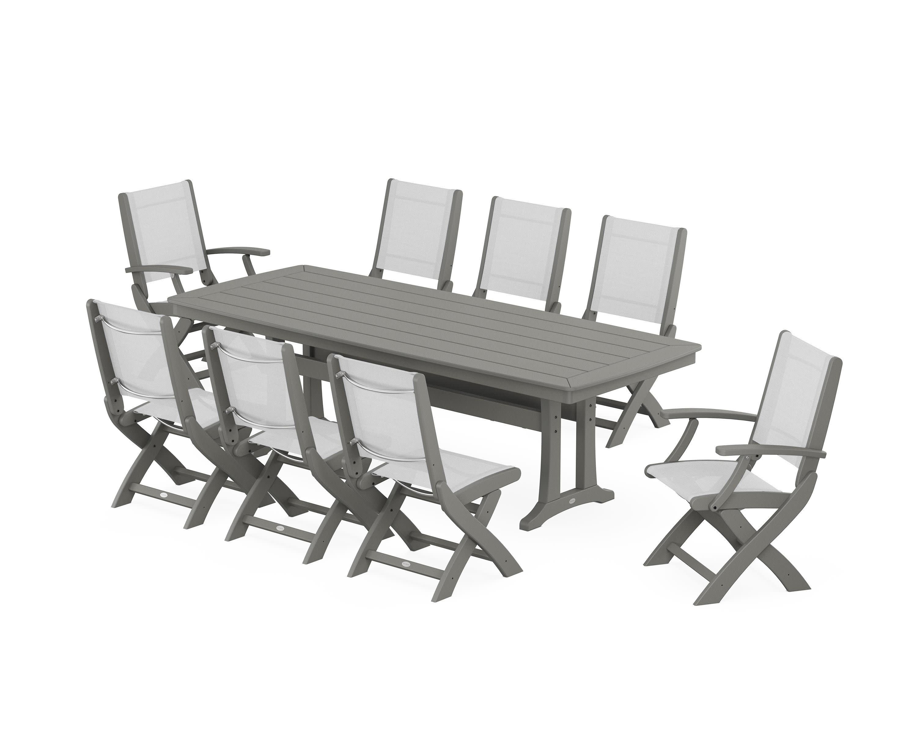 Coastal Folding 9-Piece Dining Set with Trestle Legs in Slate Grey / White Sling
