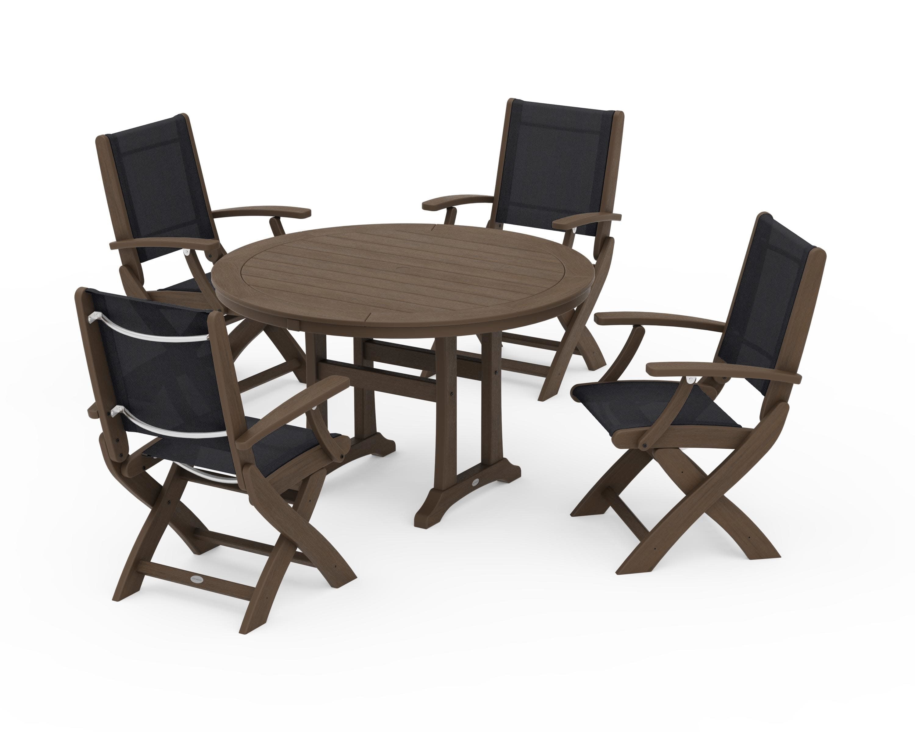 Coastal Folding Chair 5-Piece Round Dining Set with Trestle Legs in Kona / Black Sling