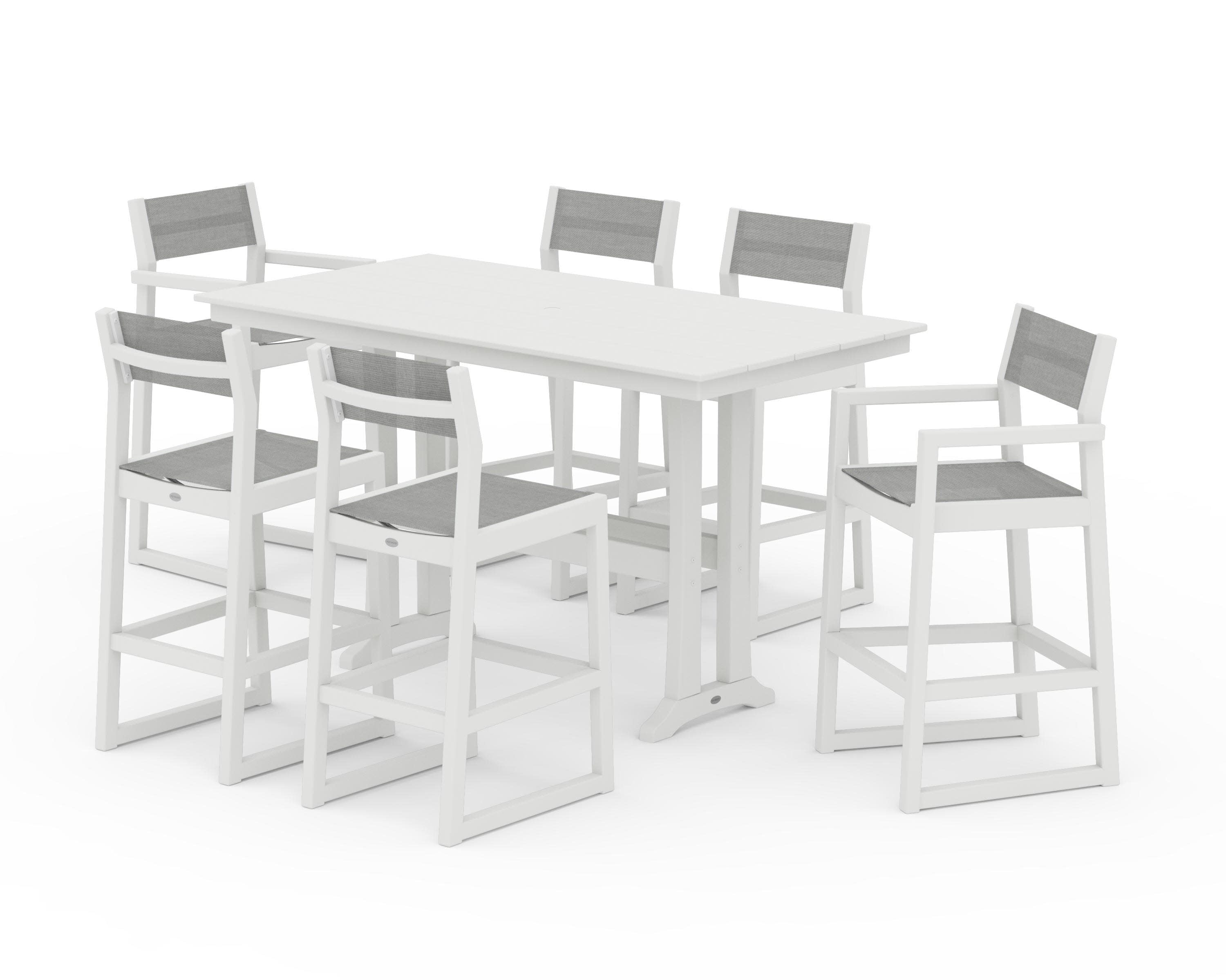 EDGE Sling 7-Piece Farmhouse Bar Set with Trestle Legs in Vintage White / Metallic Sling