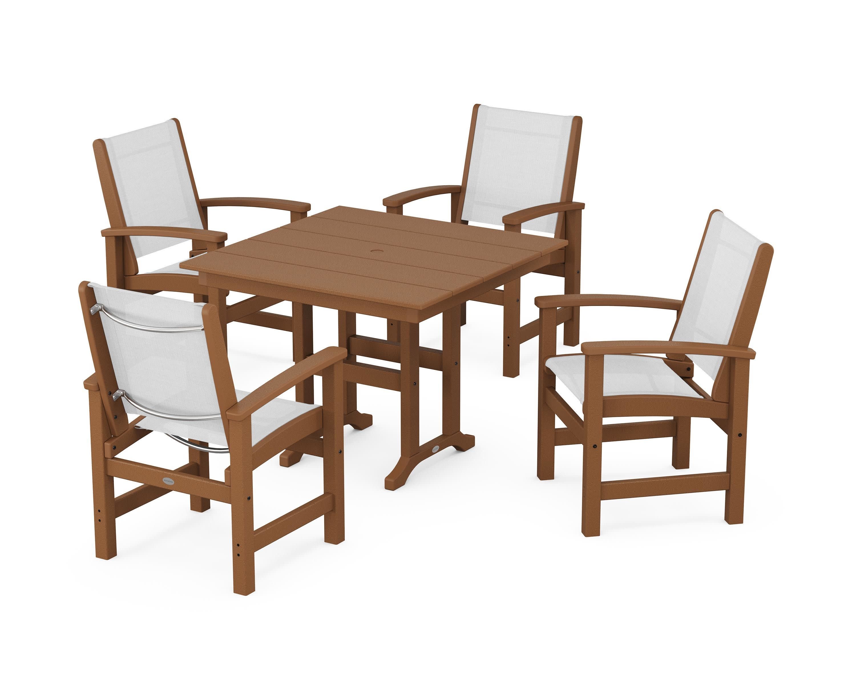Coastal 5-Piece Farmhouse Dining Set in Teak / White Sling