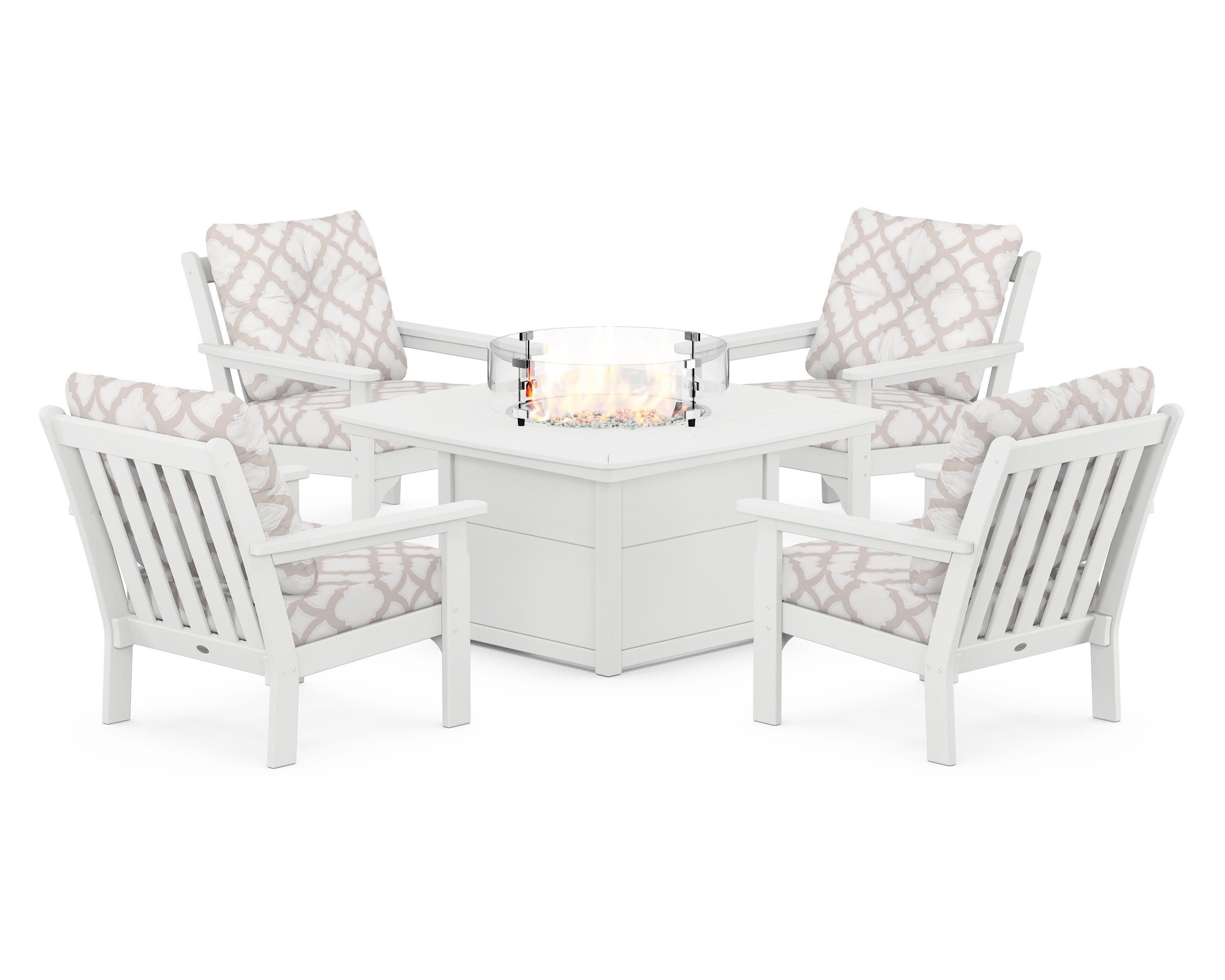 Vineyard 5-Piece Conversation Set with Fire Pit Table in White / Trellis Dune Burlap