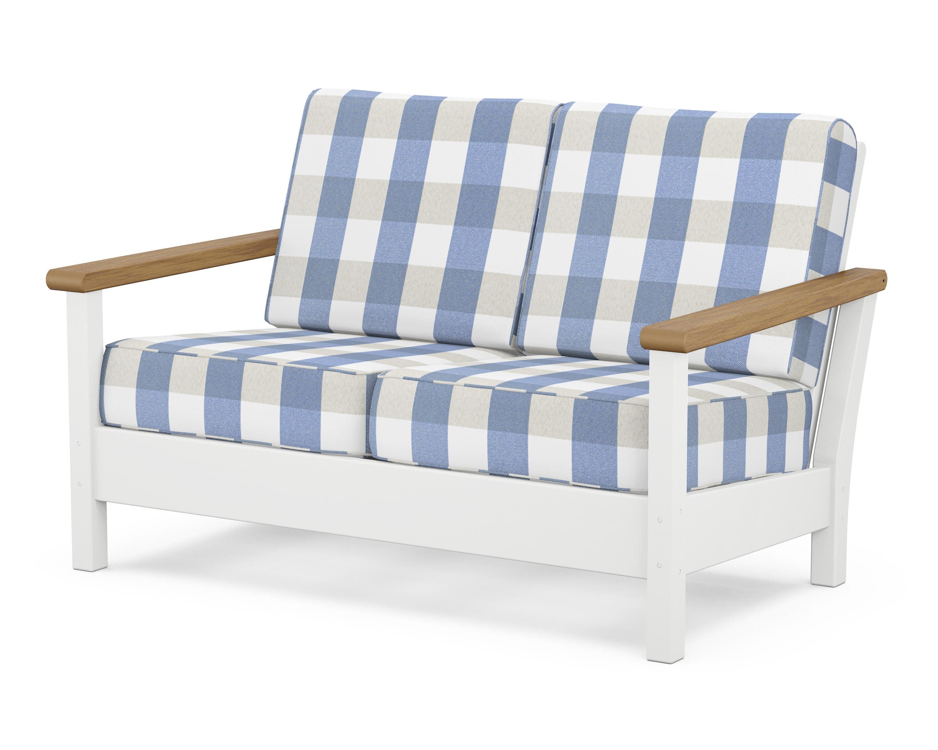 Harbour Deep Seating Loveseat in White / Natural / Buffalo Plaid Sky Blue