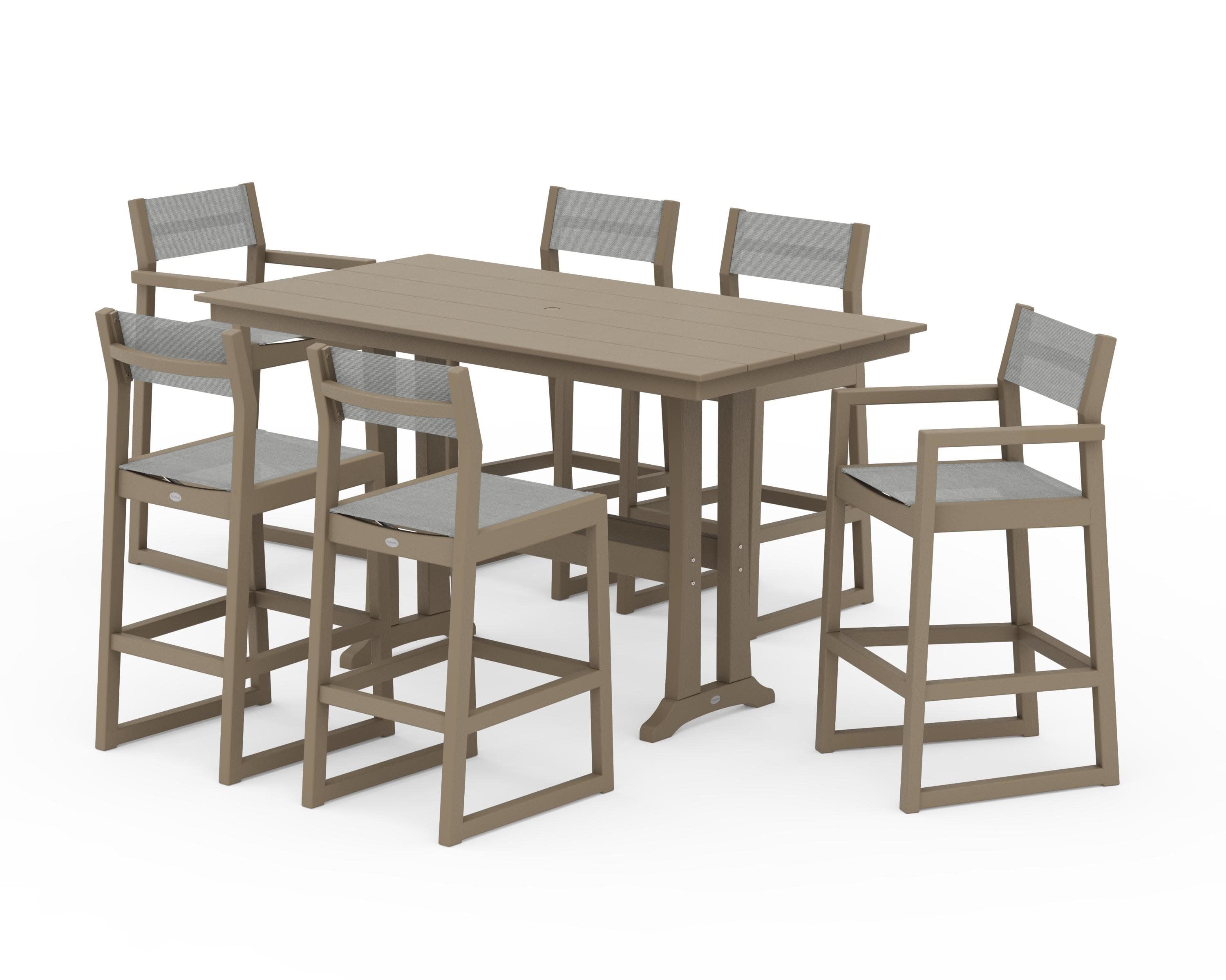 EDGE Sling 7-Piece Farmhouse Bar Set with Trestle Legs in Vintage Sahara / Metallic Sling