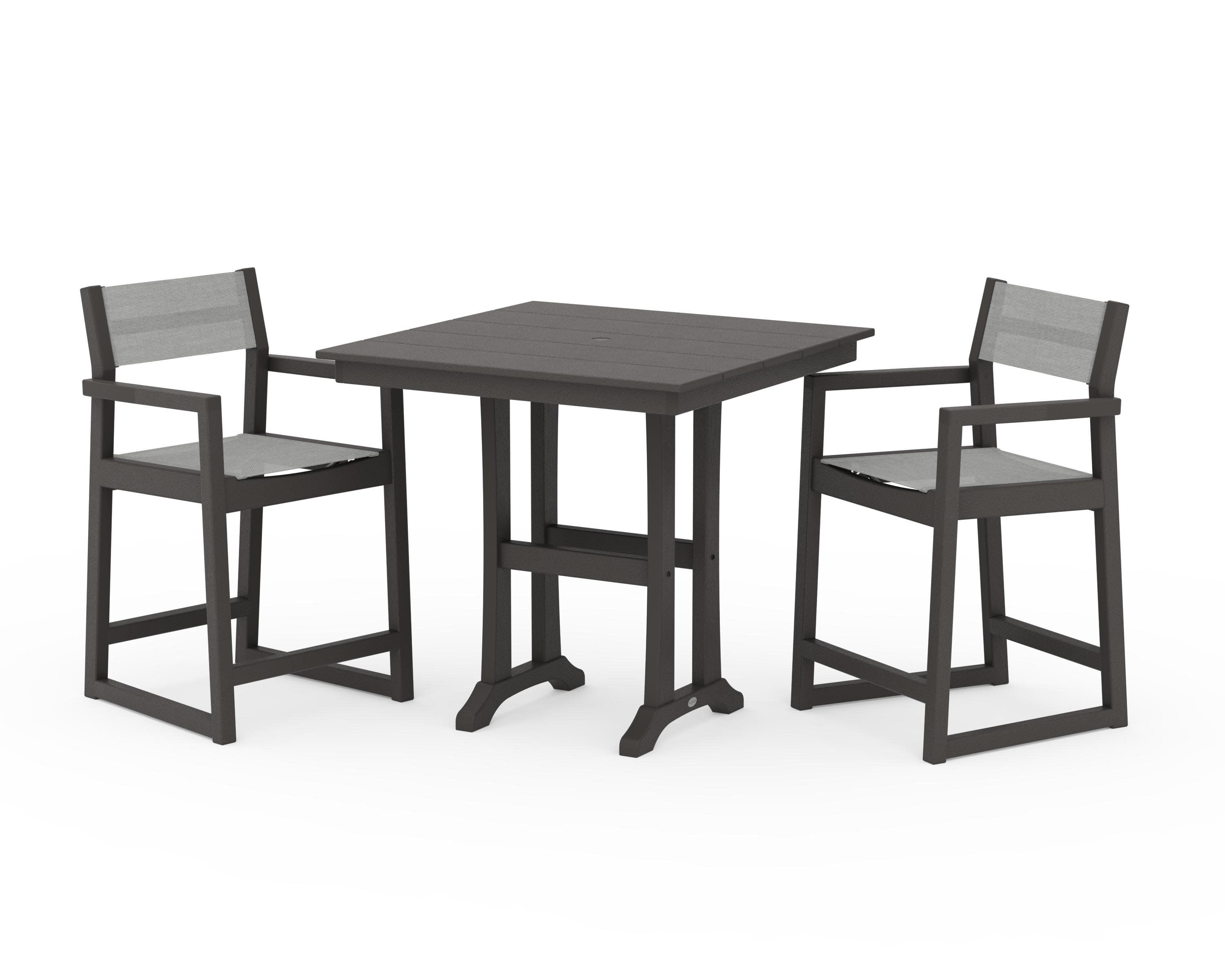 EDGE Sling Arm Chair 3-Piece Farmhouse Counter Set with Trestle Legs in Vintage Coffee / Metallic Sling