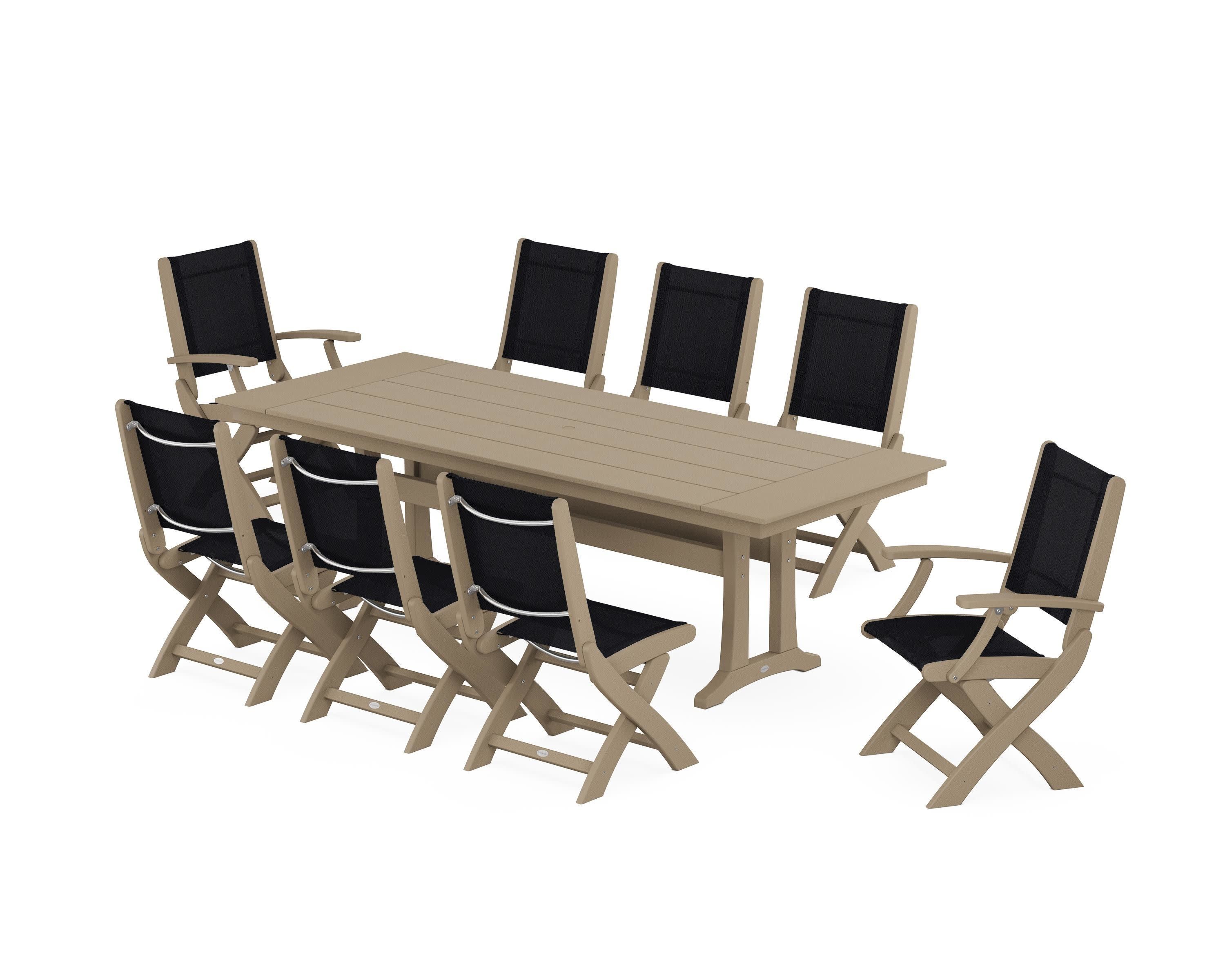 Coastal 9-Piece Folding Dining Chair Farmhouse Dining Set with Trestle Legs in Vintage Sahara / Black Sling