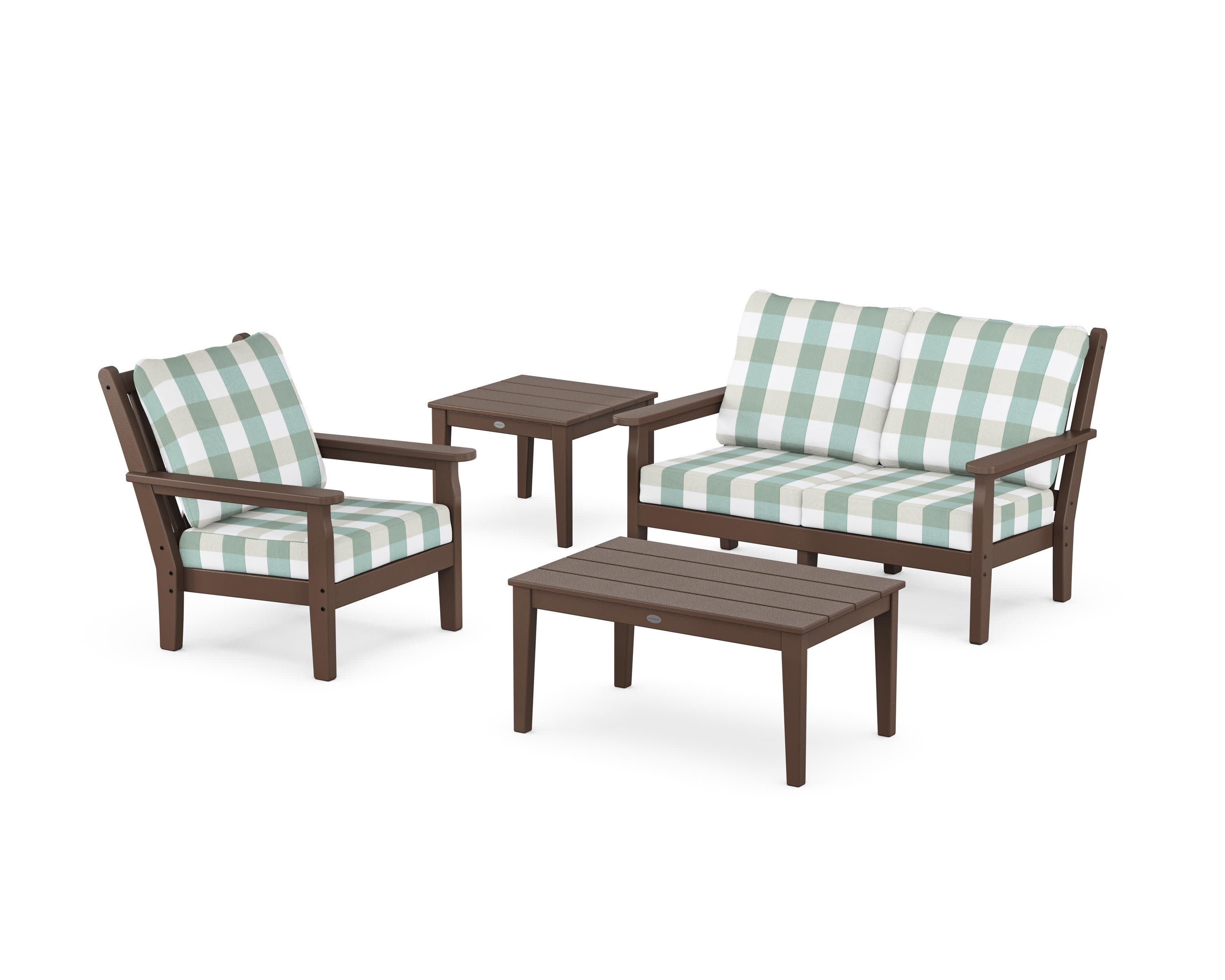 Chippendale 4-Piece Deep Seating Set in Mahogany / Buffalo Plaid Glacier Spa