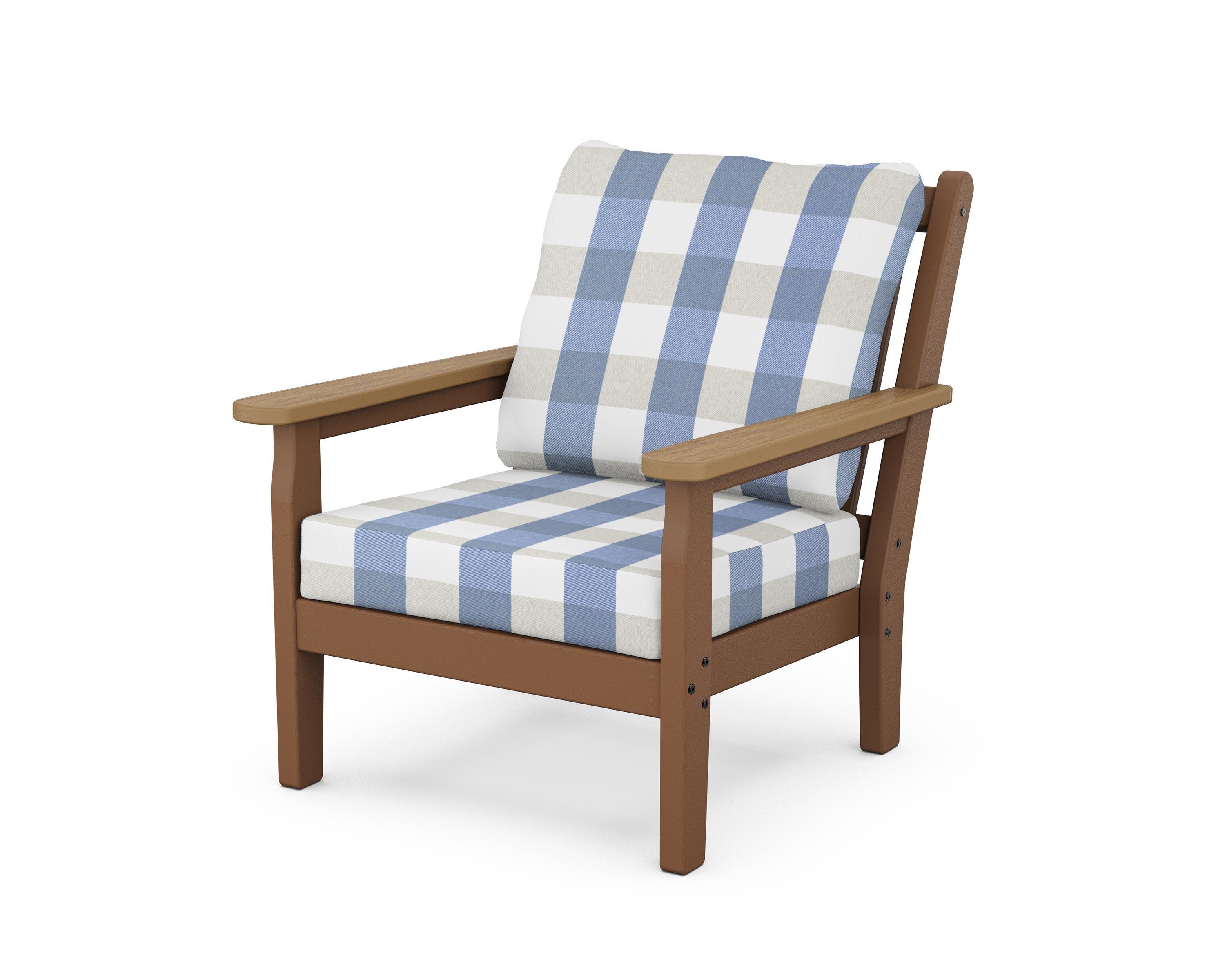 Chippendale Deep Seating Chair in Teak / Natural / Buffalo Plaid Sky Blue