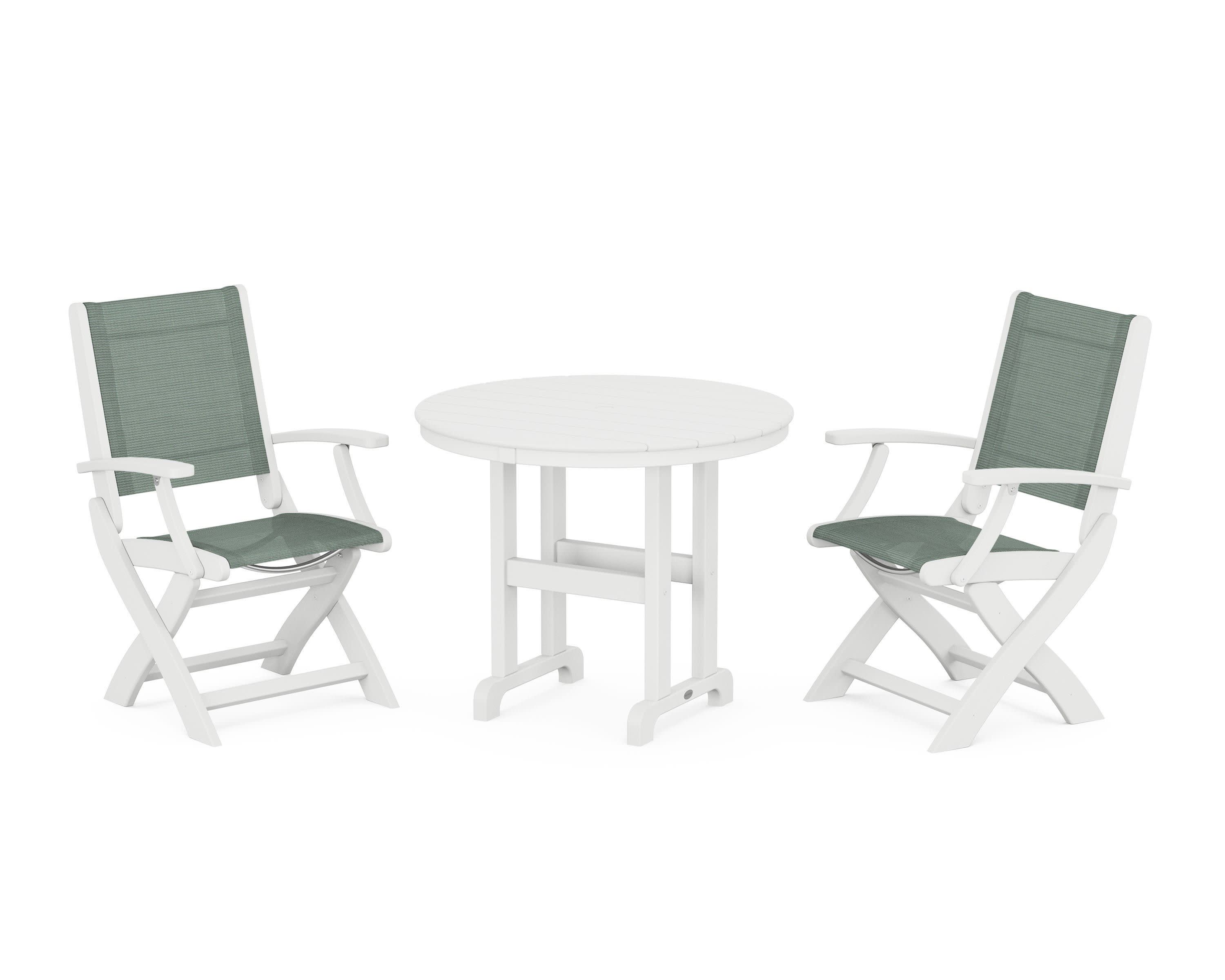 Coastal Folding Chair 3-Piece Round Dining Set in White / Dupioni Sea Mist Sling
