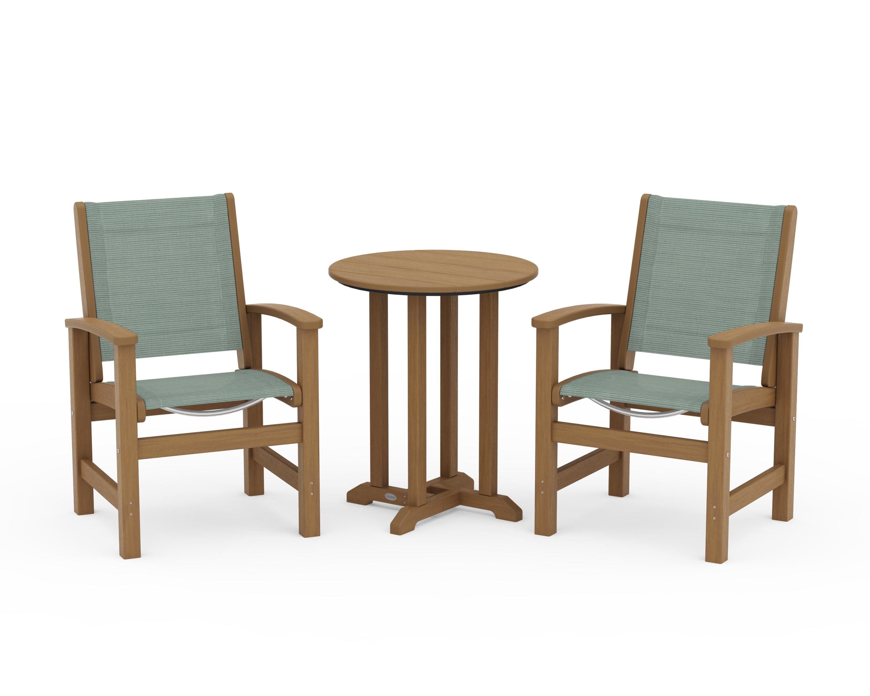 Coastal 3-Piece Round Bistro Dining Set in Natural / Dupioni Sea Mist Sling