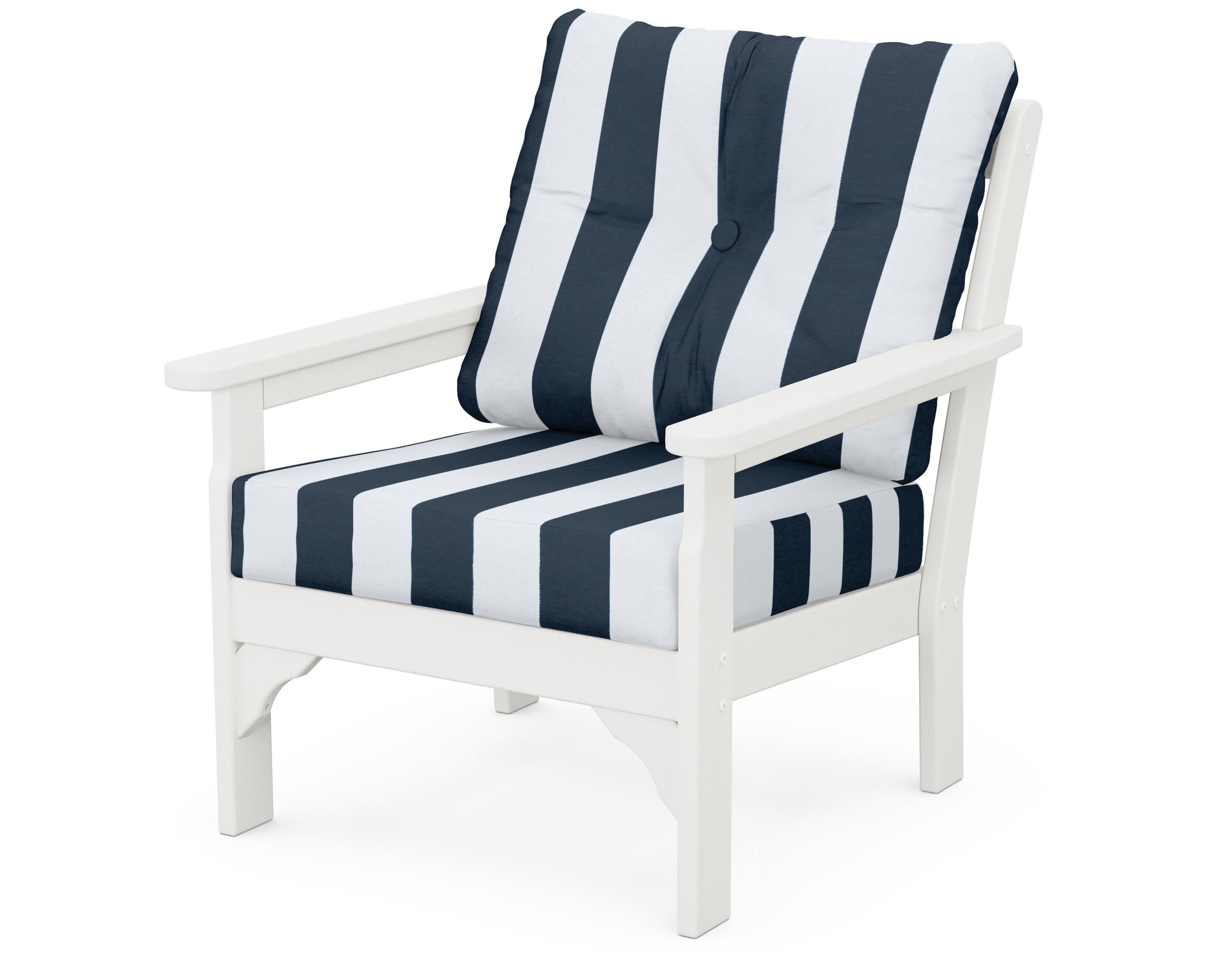 Vineyard Deep Seating Chair in Vintage White / Cabana Stripe Marine Indigo