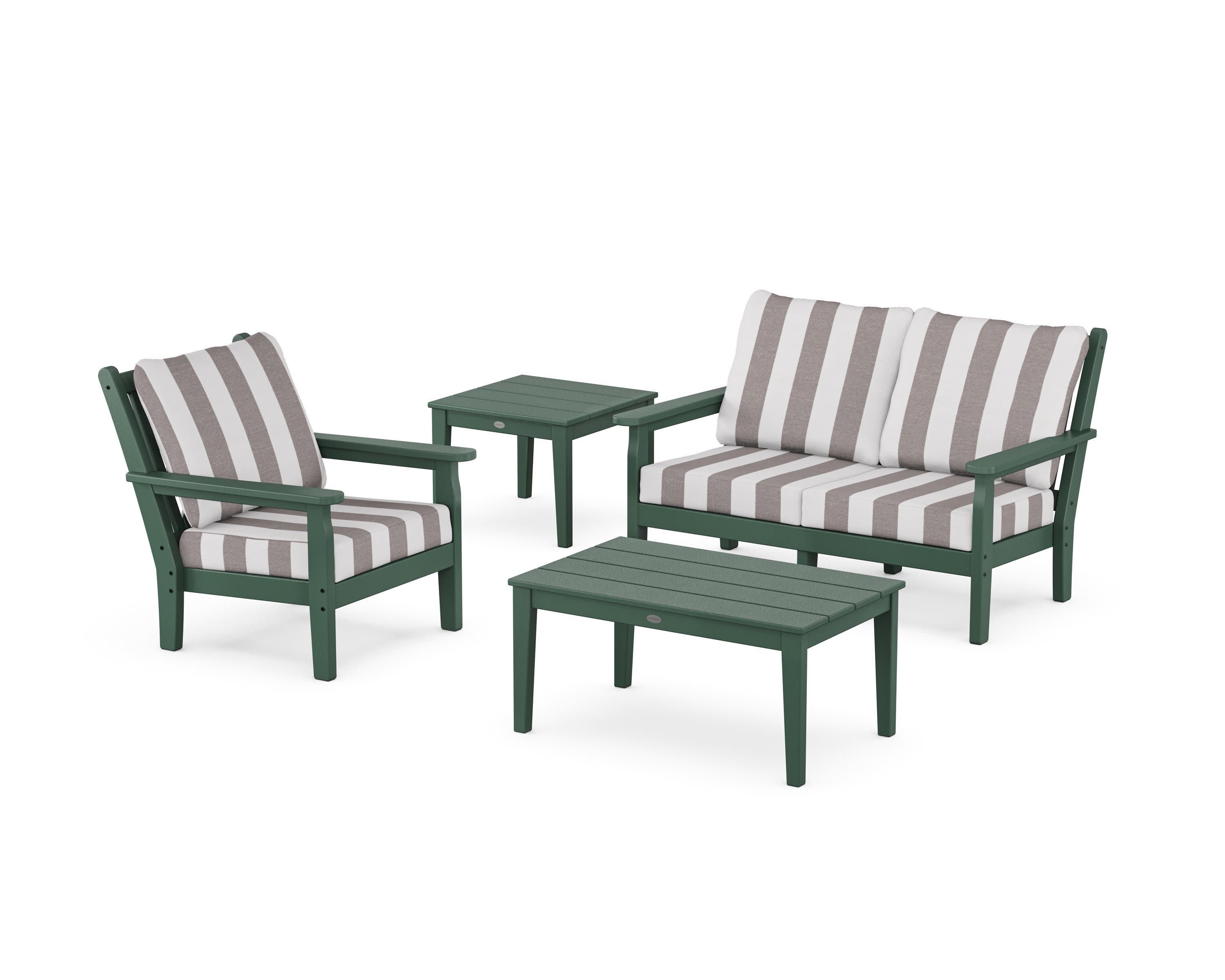 Chippendale 4-Piece Deep Seating Set in Green / Cabana Stripe Grey Mist