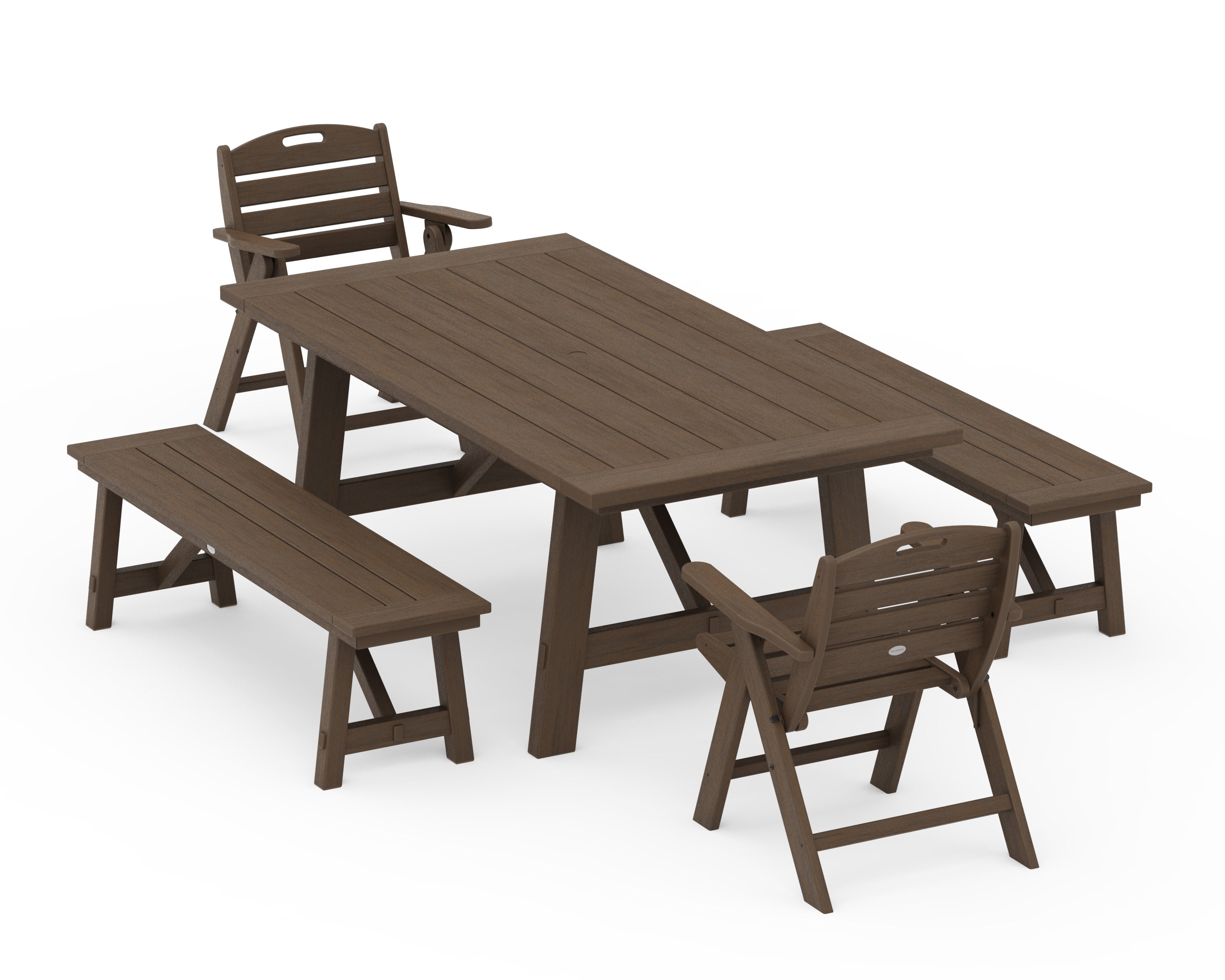 Nautical Folding Lowback Chair 5-Piece Rustic Farmhouse Dining Set With Benches in Kona
