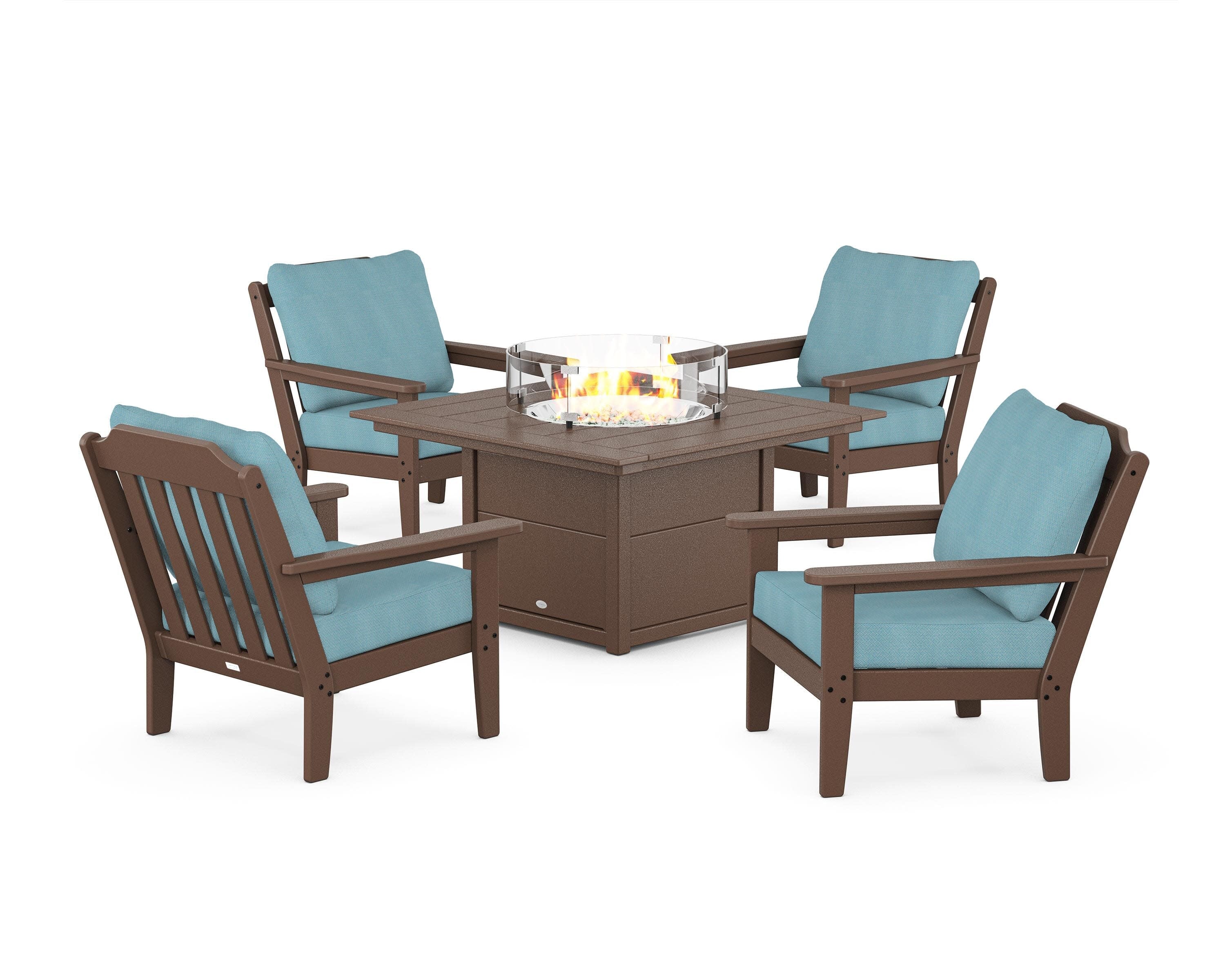 Cottage 5-Piece Deep Seating Set with Fire Pit Table in Mahogany / Lattice Sky Blue