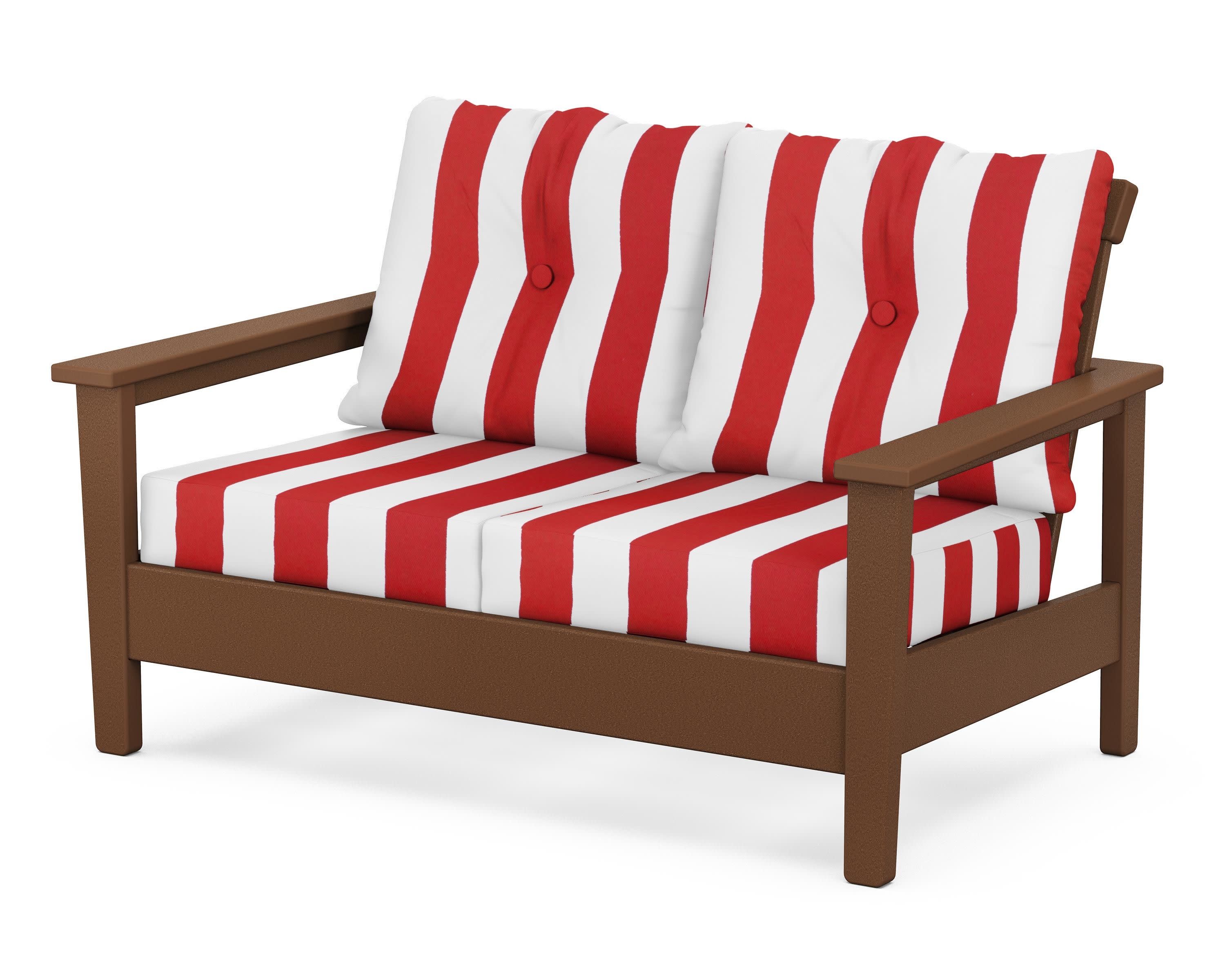 Prescott Deep Seating Loveseat in Teak / Cabana Stripe Crimson
