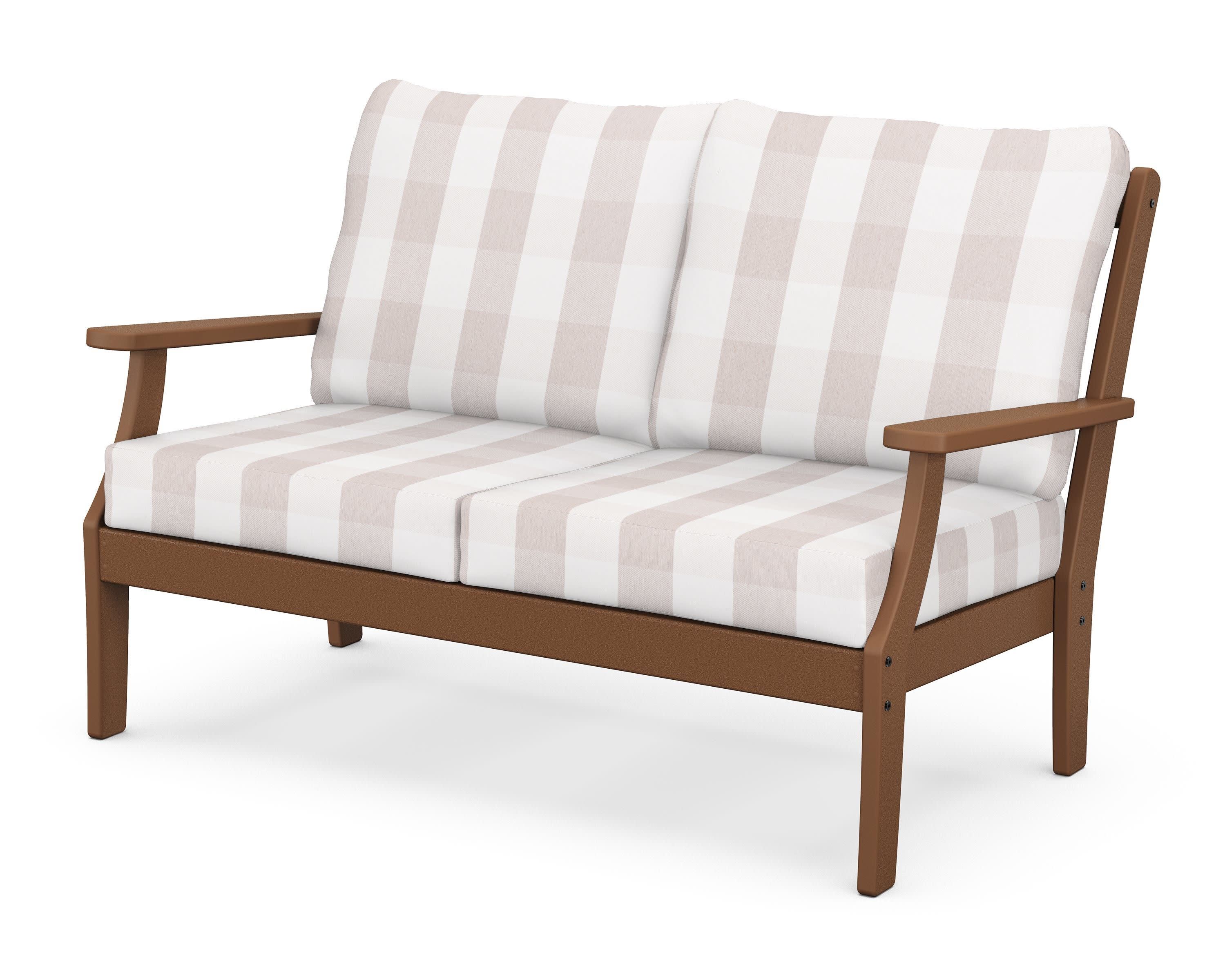 Braxton Deep Seating Loveseat in Teak / Buffalo Plaid Dune Burlap