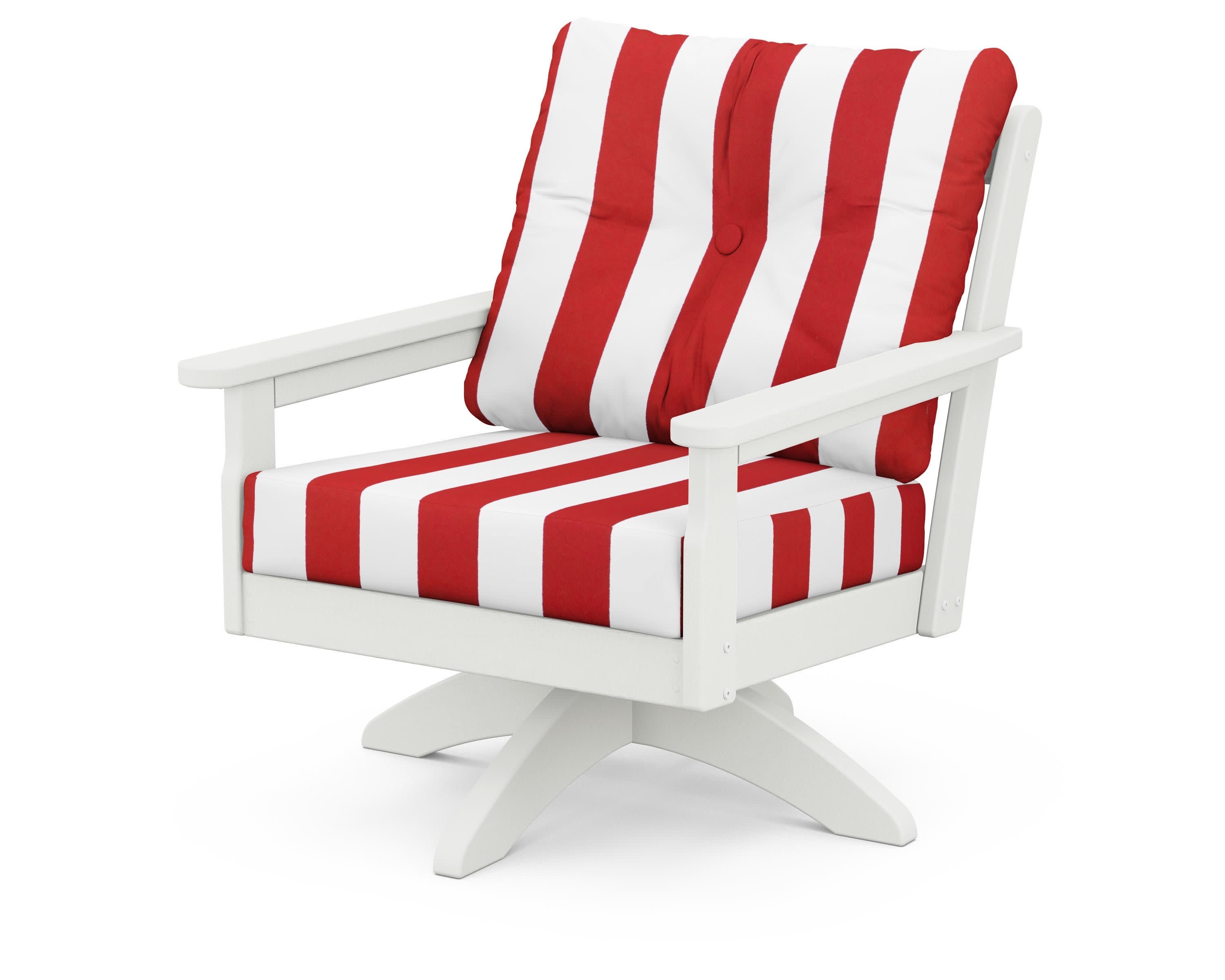 Vineyard Deep Seating Swivel Chair in Vintage White / Cabana Stripe Crimson