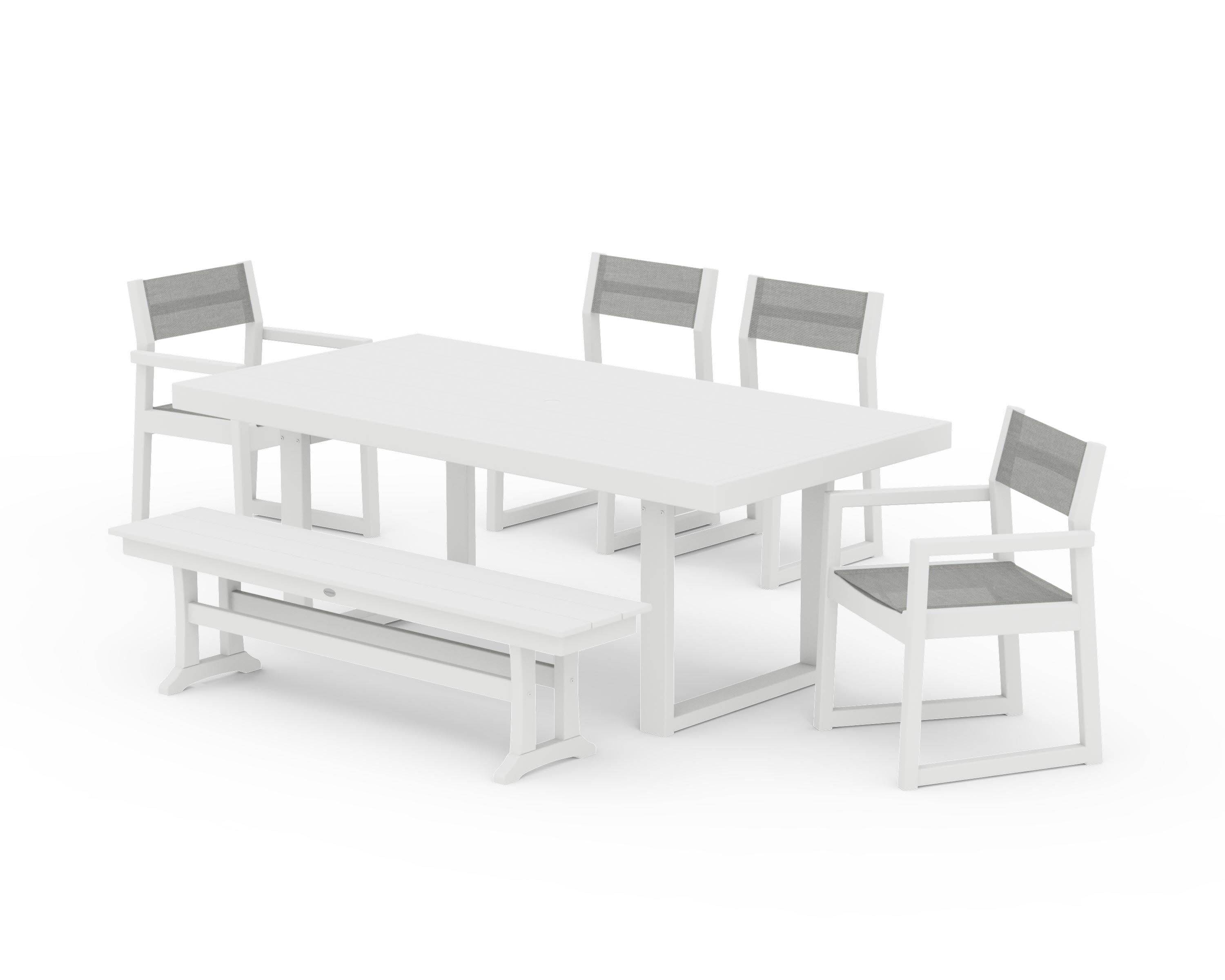 EDGE Sling 6-Piece Dining Set with Bench in White / Metallic Sling
