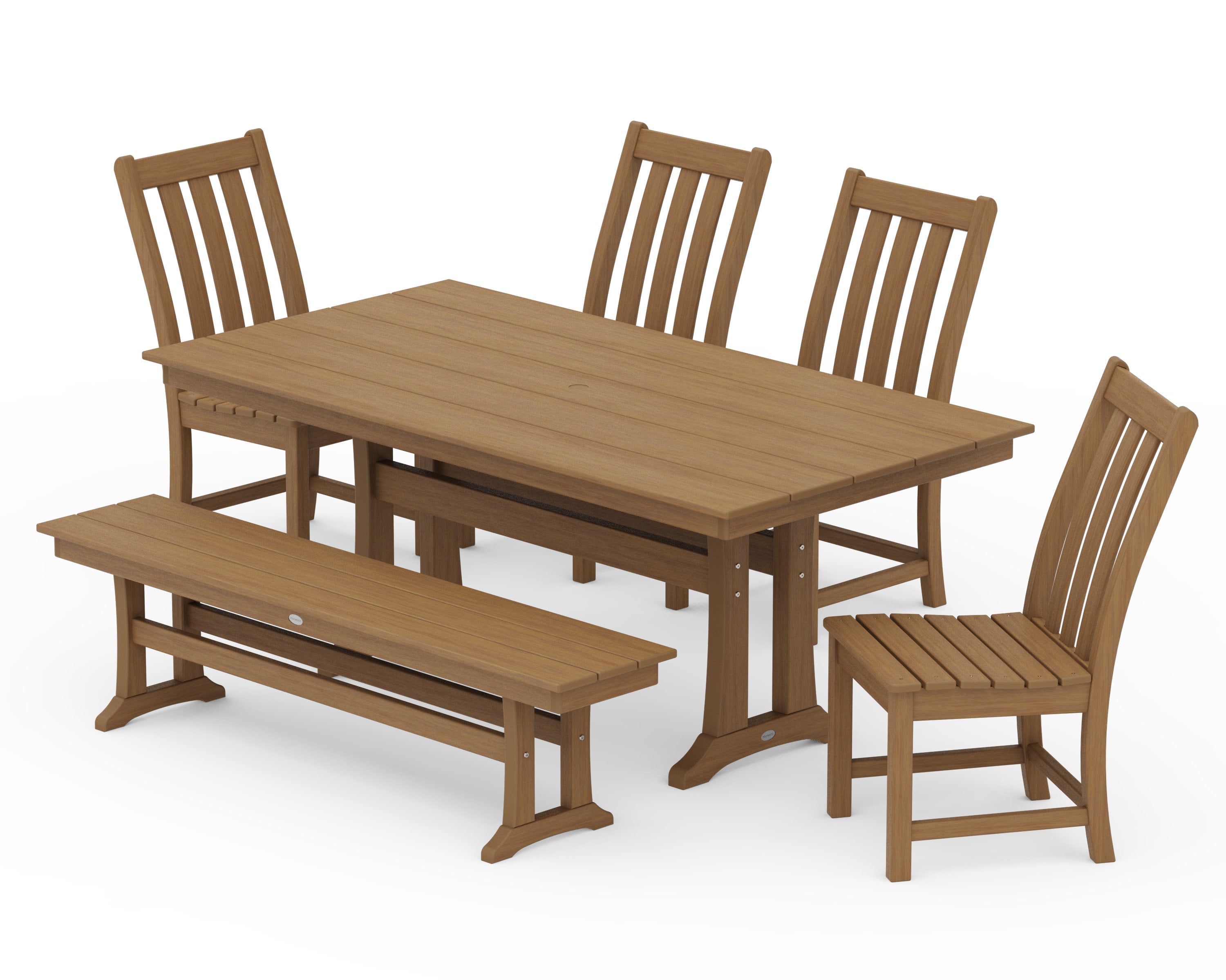 Vineyard Side Chair 6-Piece Farmhouse Dining Set with Trestle Legs and Bench in Natural