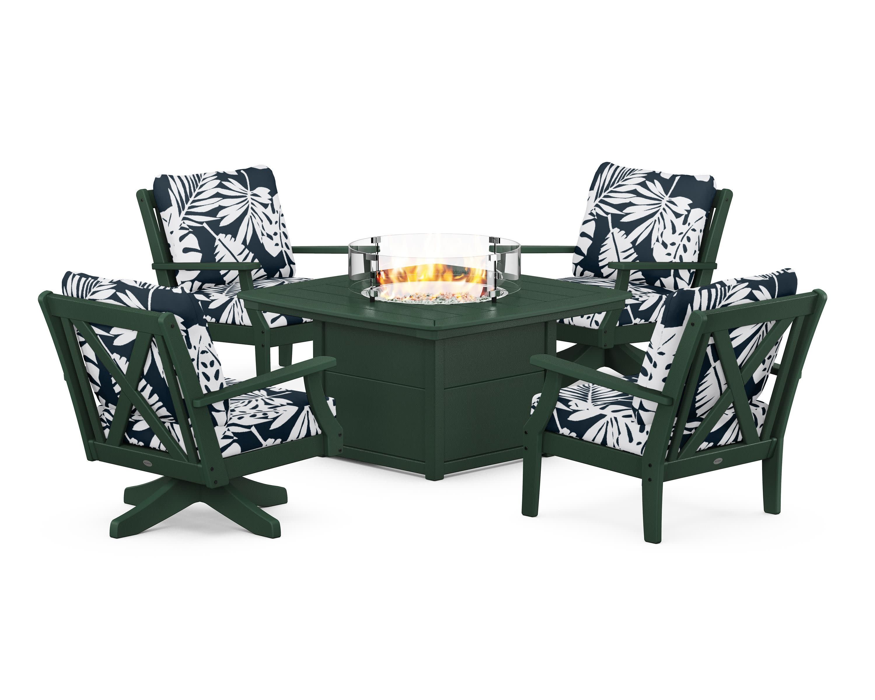 Braxton 5-Piece Deep Seating Set with Fire Table in Green / Leaf Marine Indigo