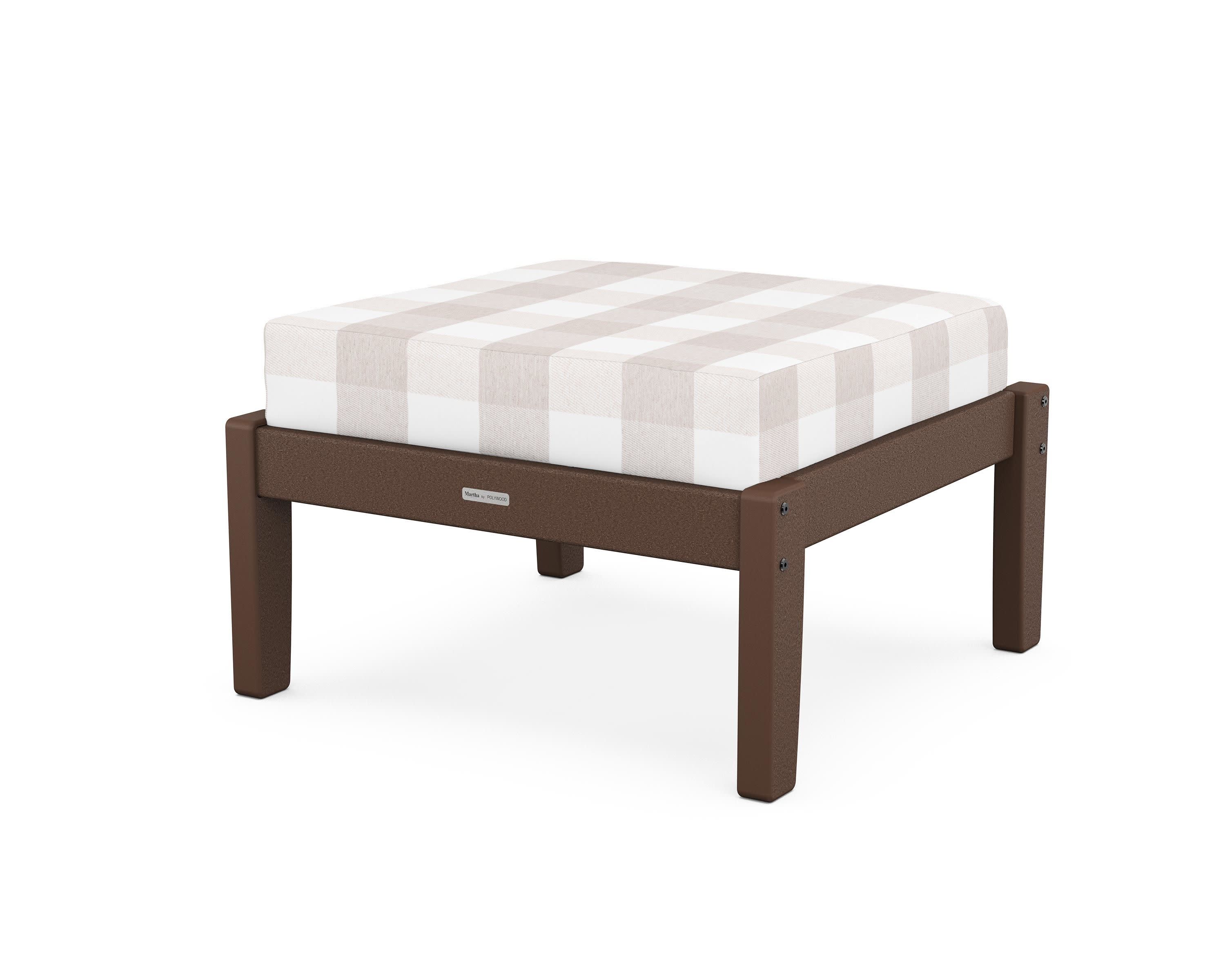 Chinoiserie Deep Seating Ottoman in Mahogany / Buffalo Plaid Dune Burlap