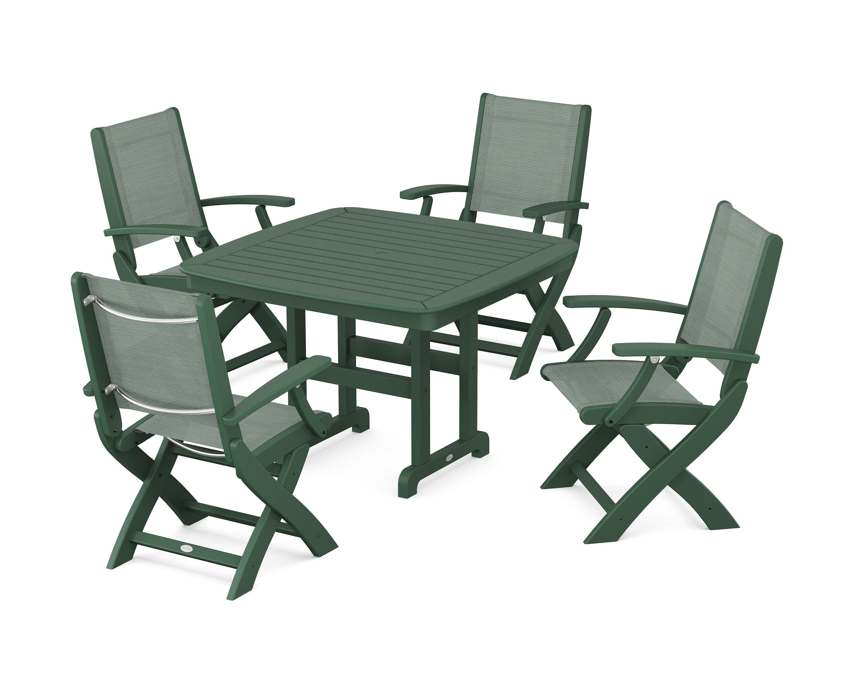 Coastal Folding Chair 5-Piece Dining Set in Green / Dupioni Sea Mist Sling