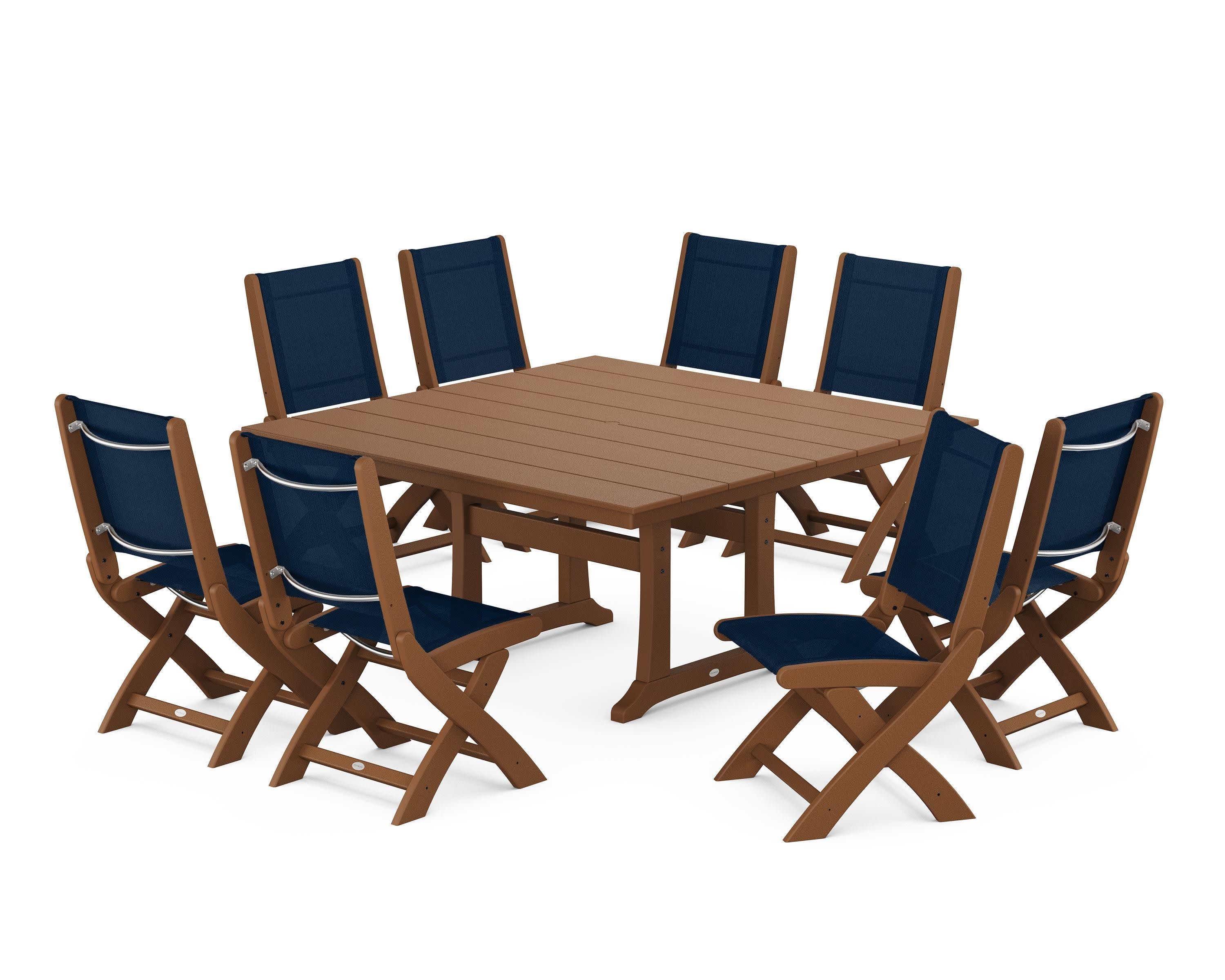 Coastal Folding Side Chair 9-Piece Farmhouse Dining Set in Teak / Navy Blue Sling