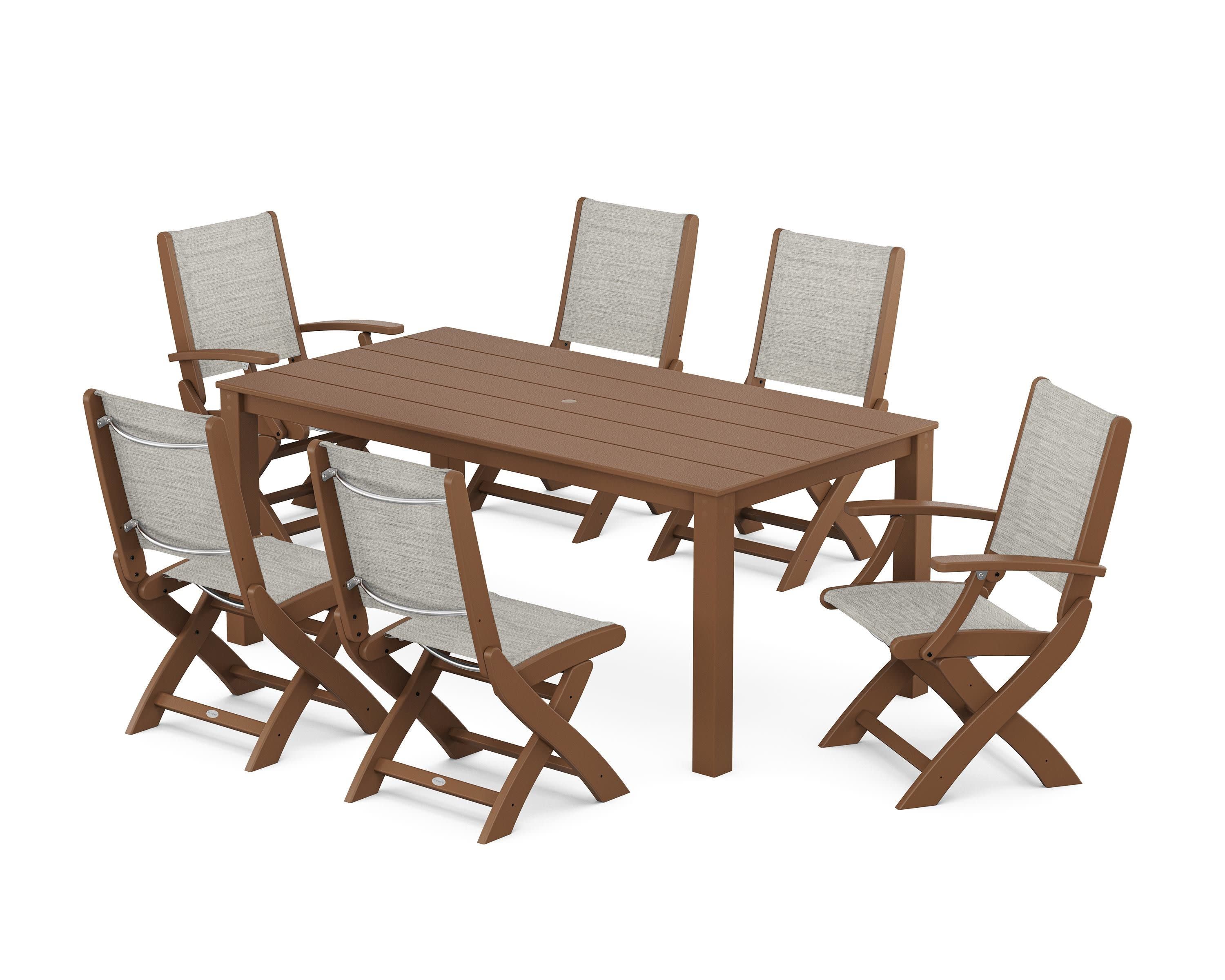 Coastal Folding Chair 7-Piece Parsons Dining Set in Teak / Birch Sling