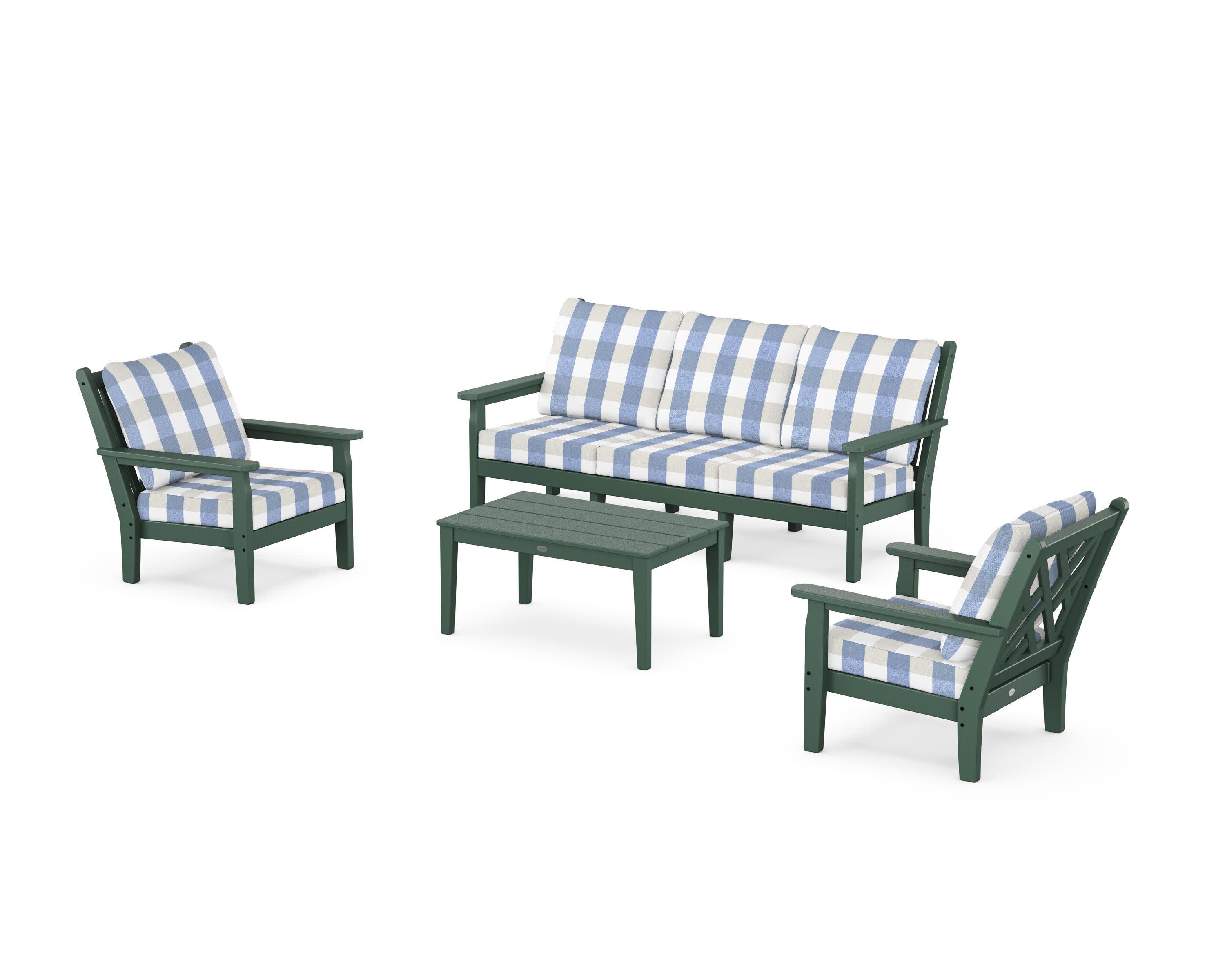 Chippendale 4-Piece Deep Seating Set with Sofa in Green / Buffalo Plaid Sky Blue