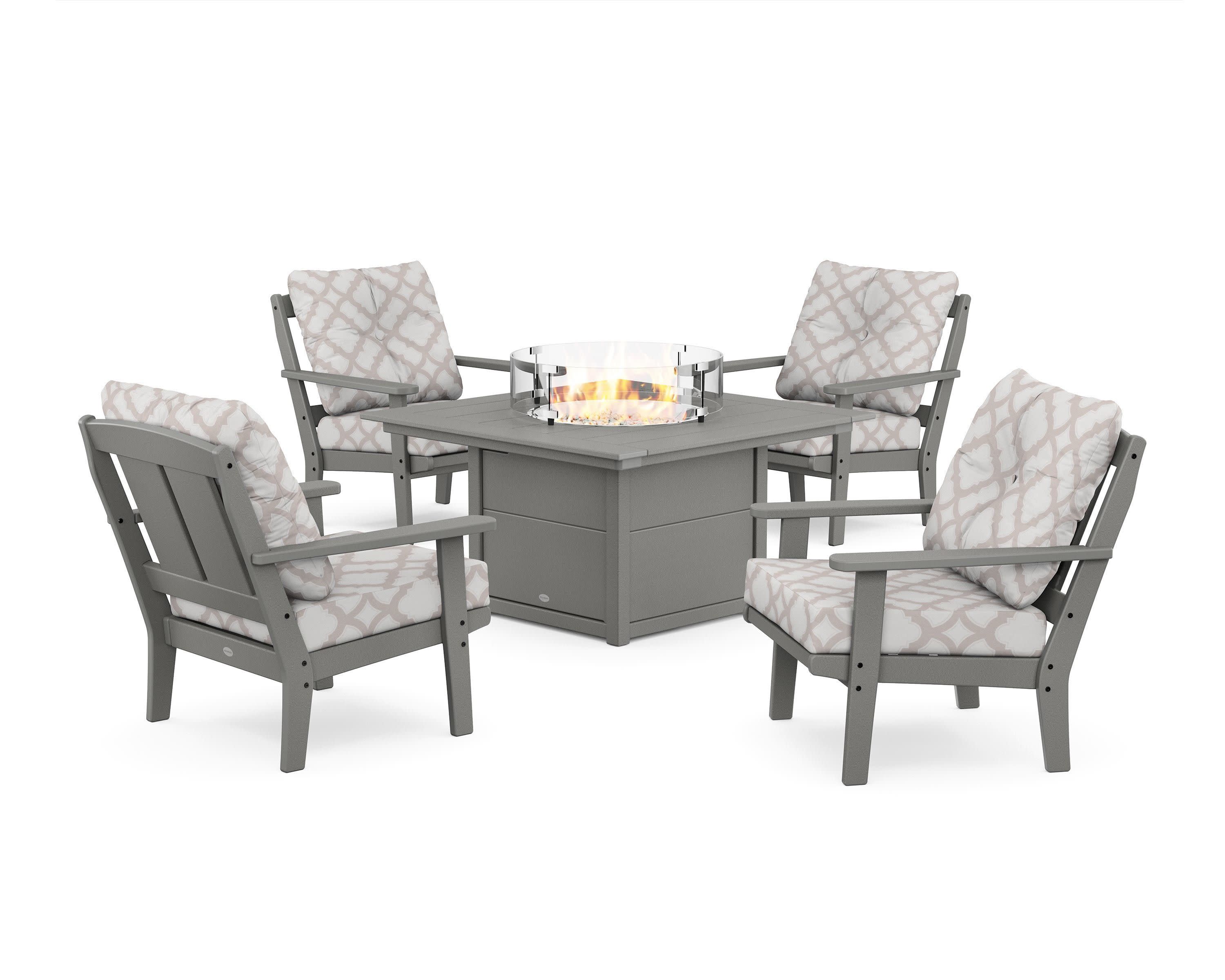 Mission 5-Piece Deep Seating Set with Fire Pit Table in Slate Grey / Trellis Dune Burlap