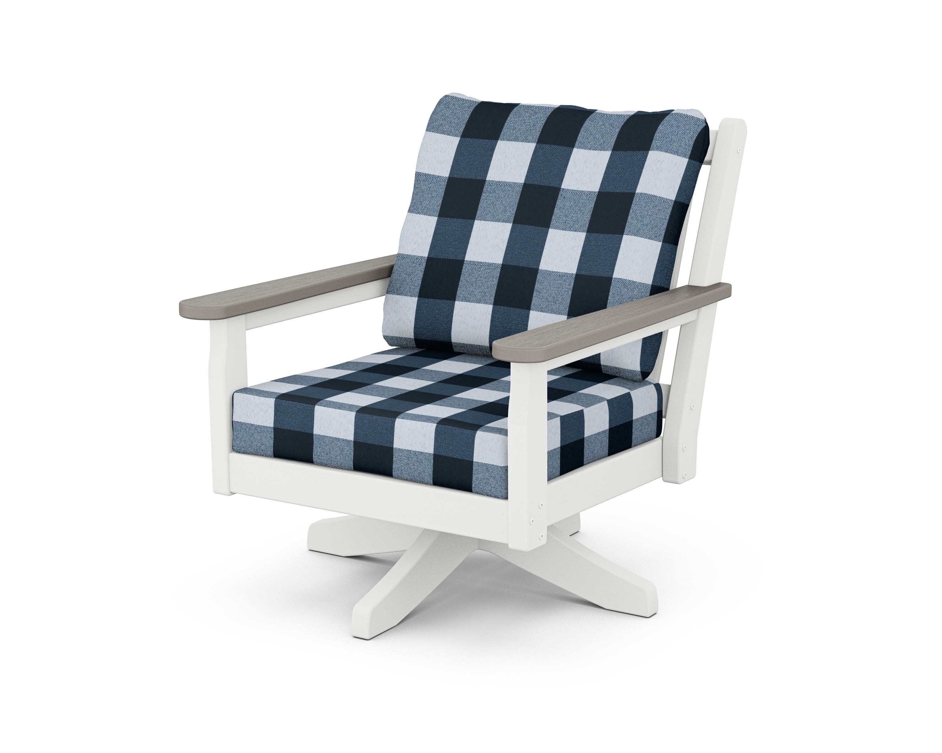 Chippendale Deep Seating Swivel Chair in White / Driftwood / Buffalo Plaid Marine Indigo