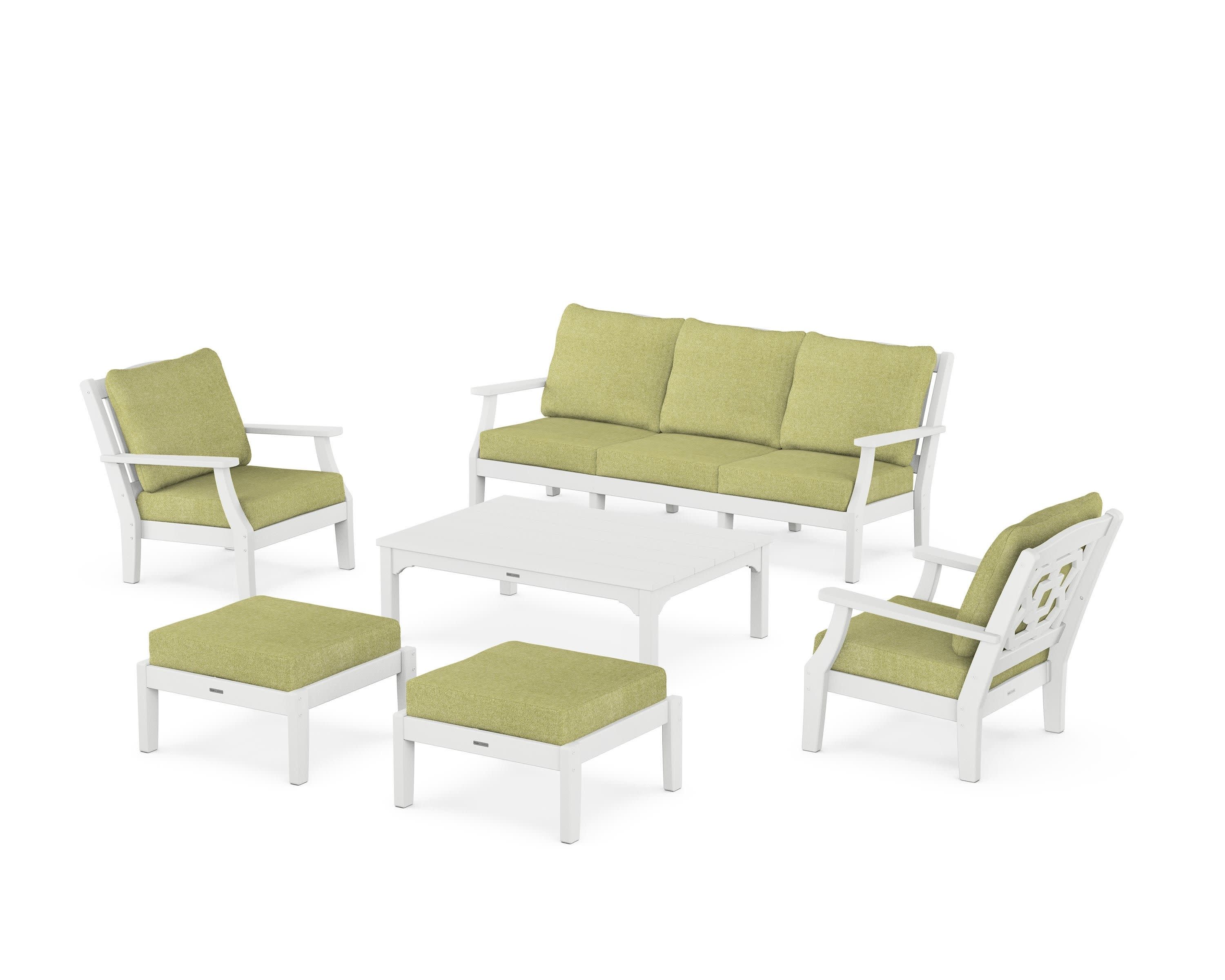 Chinoiserie 6-Piece Lounge Sofa Set in White / Chartreuse Boucle