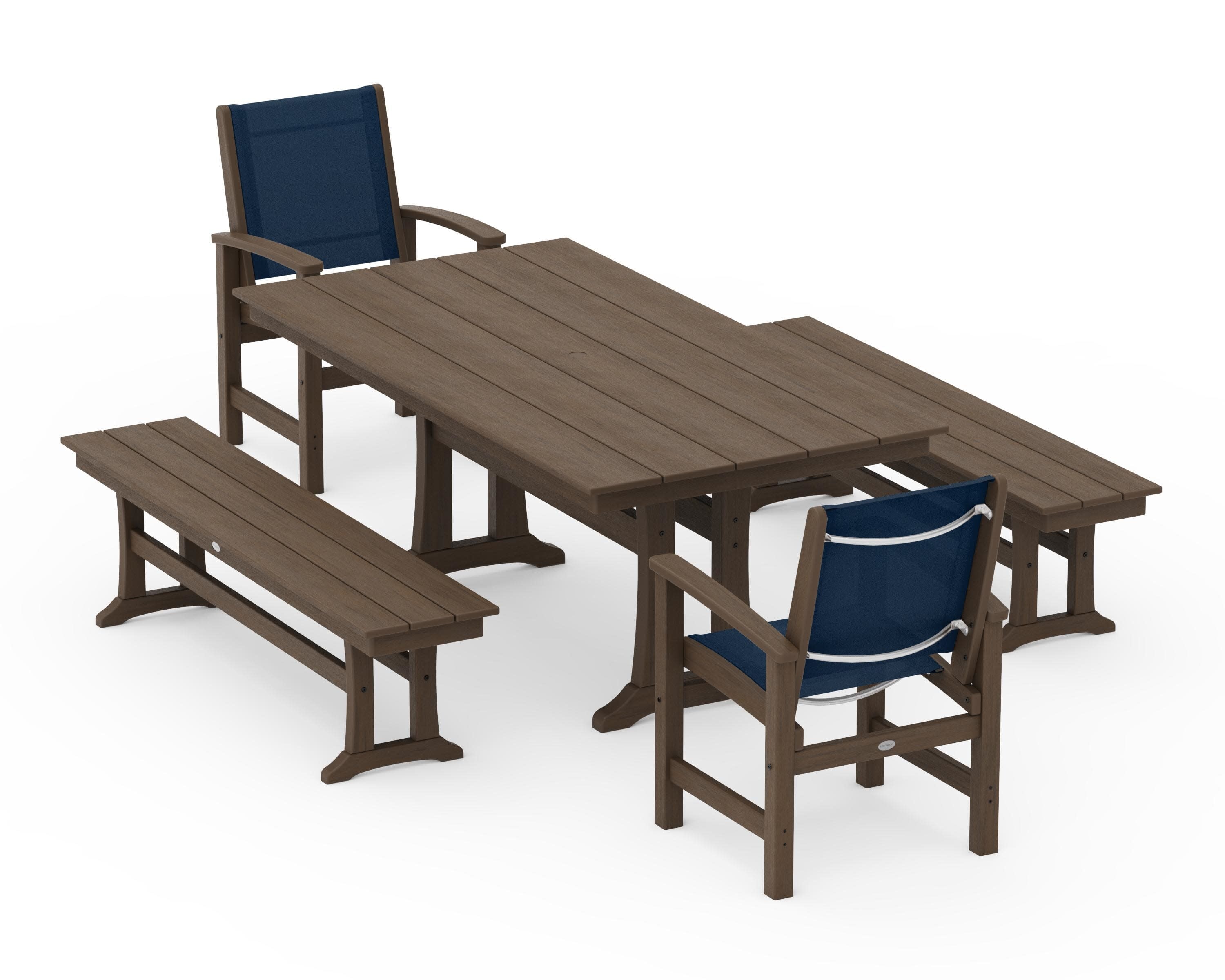 Coastal 5-Piece Farmhouse Dining Set with Trestle Legs and Benches in Kona / Navy Blue Sling