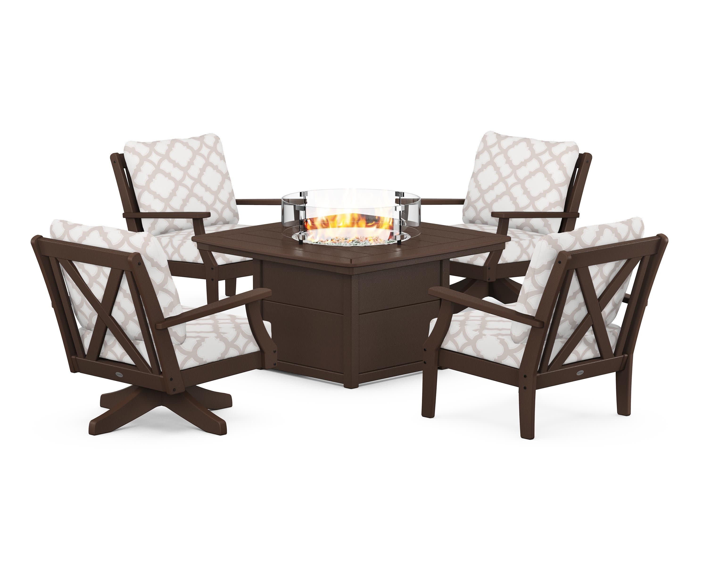 Braxton 5-Piece Deep Seating Set with Fire Table in Mahogany / Trellis Dune Burlap