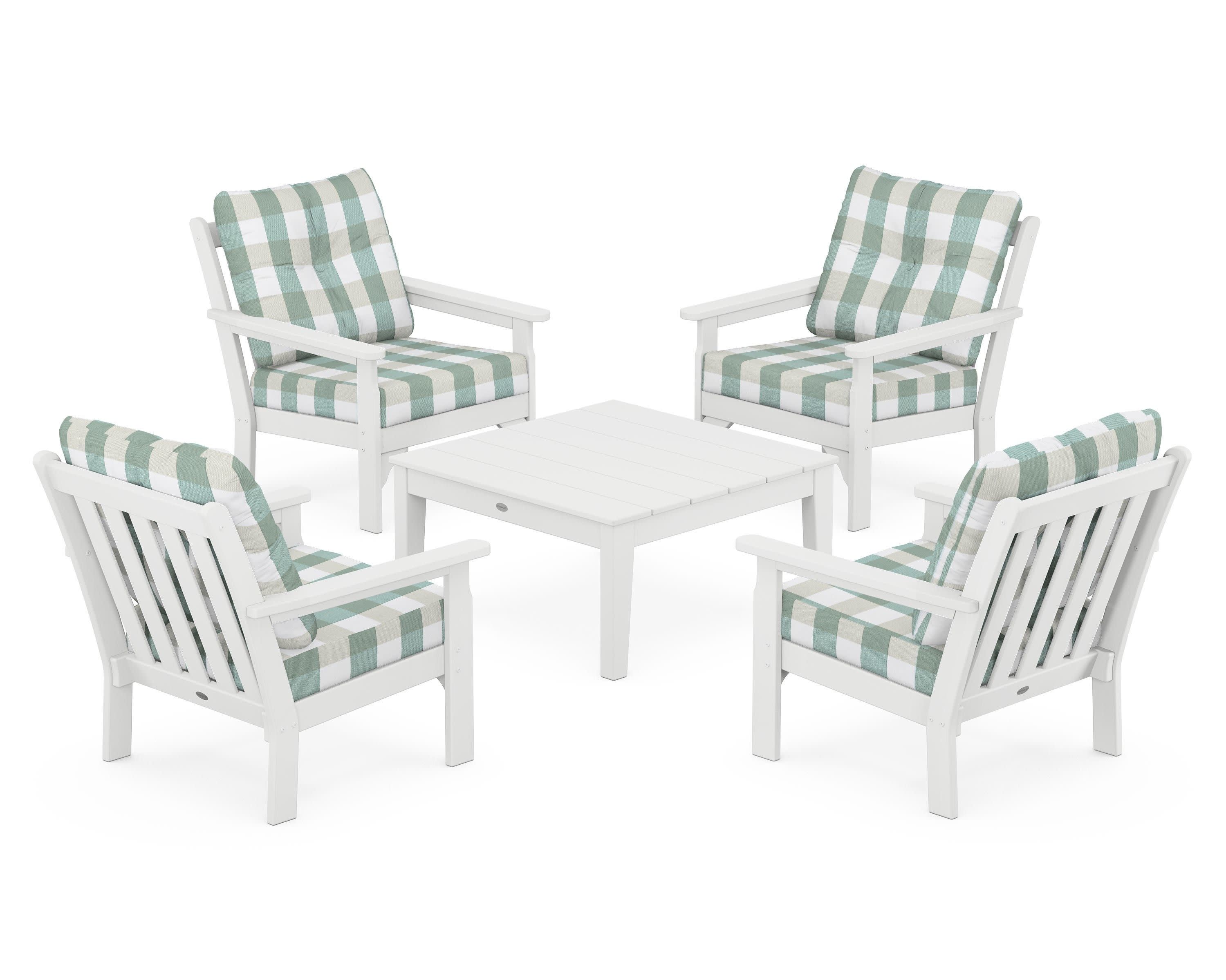 Vineyard 5-Piece Deep Seating Conversation Set in White / Buffalo Plaid Glacier Spa